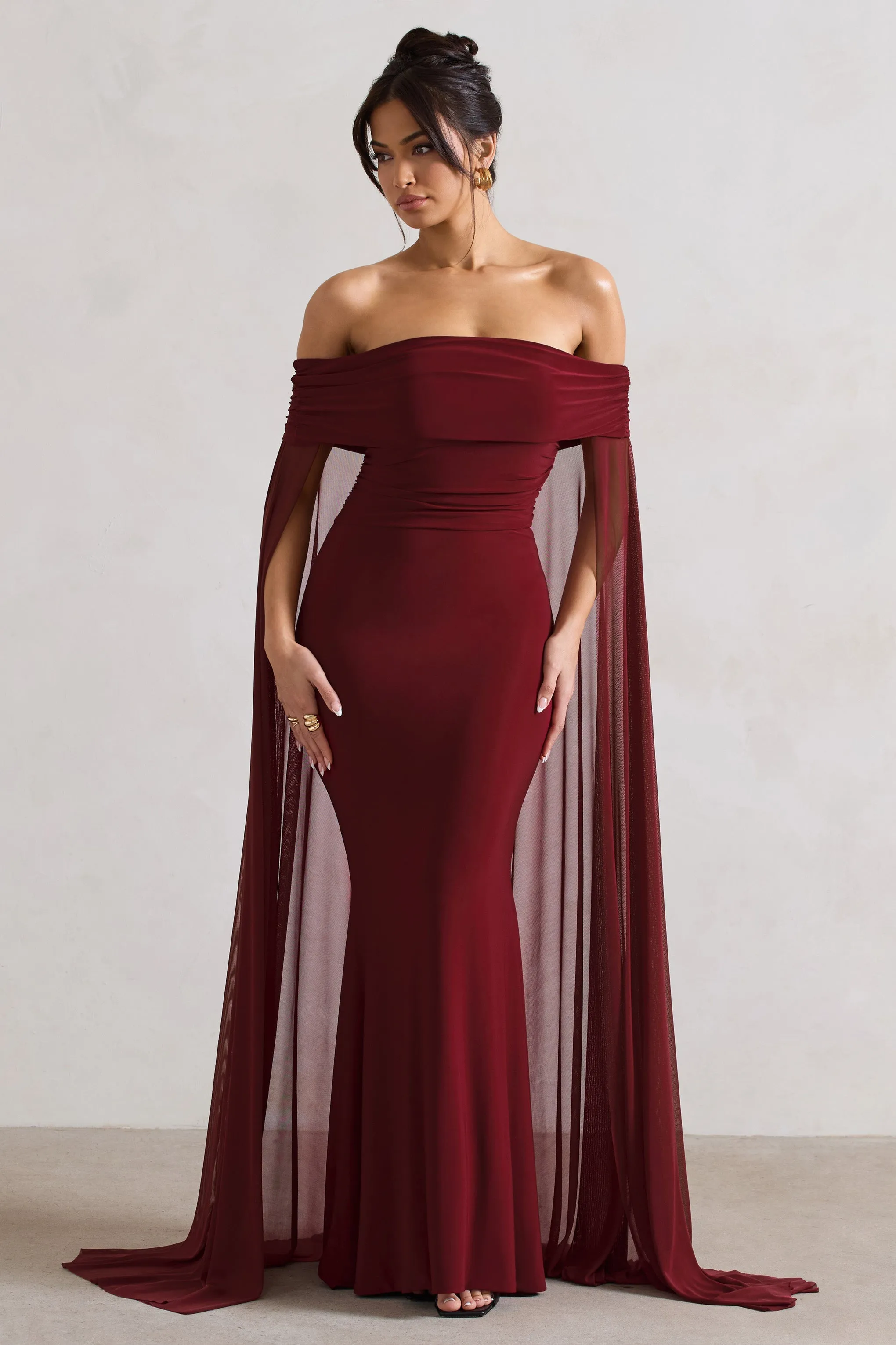 Carlotta | Berry Bardot Maxi Dress With Chiffon Cape sold by Club L London product image thumbnail 2