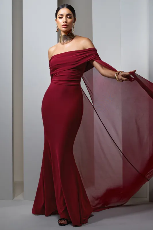 Carlotta | Berry Bardot Maxi Dress With Chiffon Cape sold by Club L London