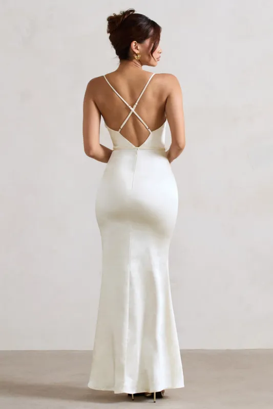 Lifetime | Ivory Satin Cowl Neck Maxi Dress With Cross Back Detail sold by Club L London