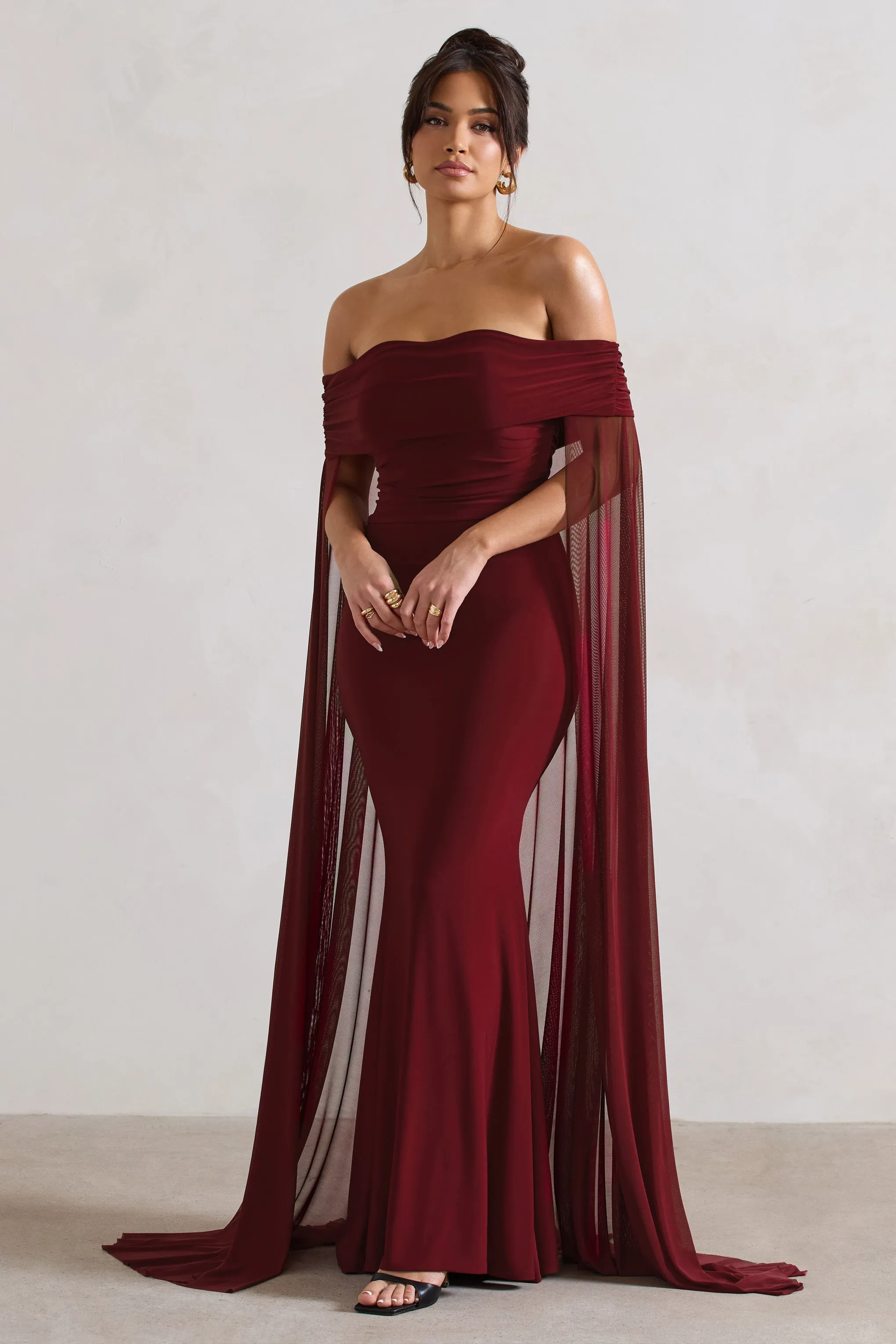 Carlotta | Berry Bardot Maxi Dress With Chiffon Cape sold by Club L London product image thumbnail 5