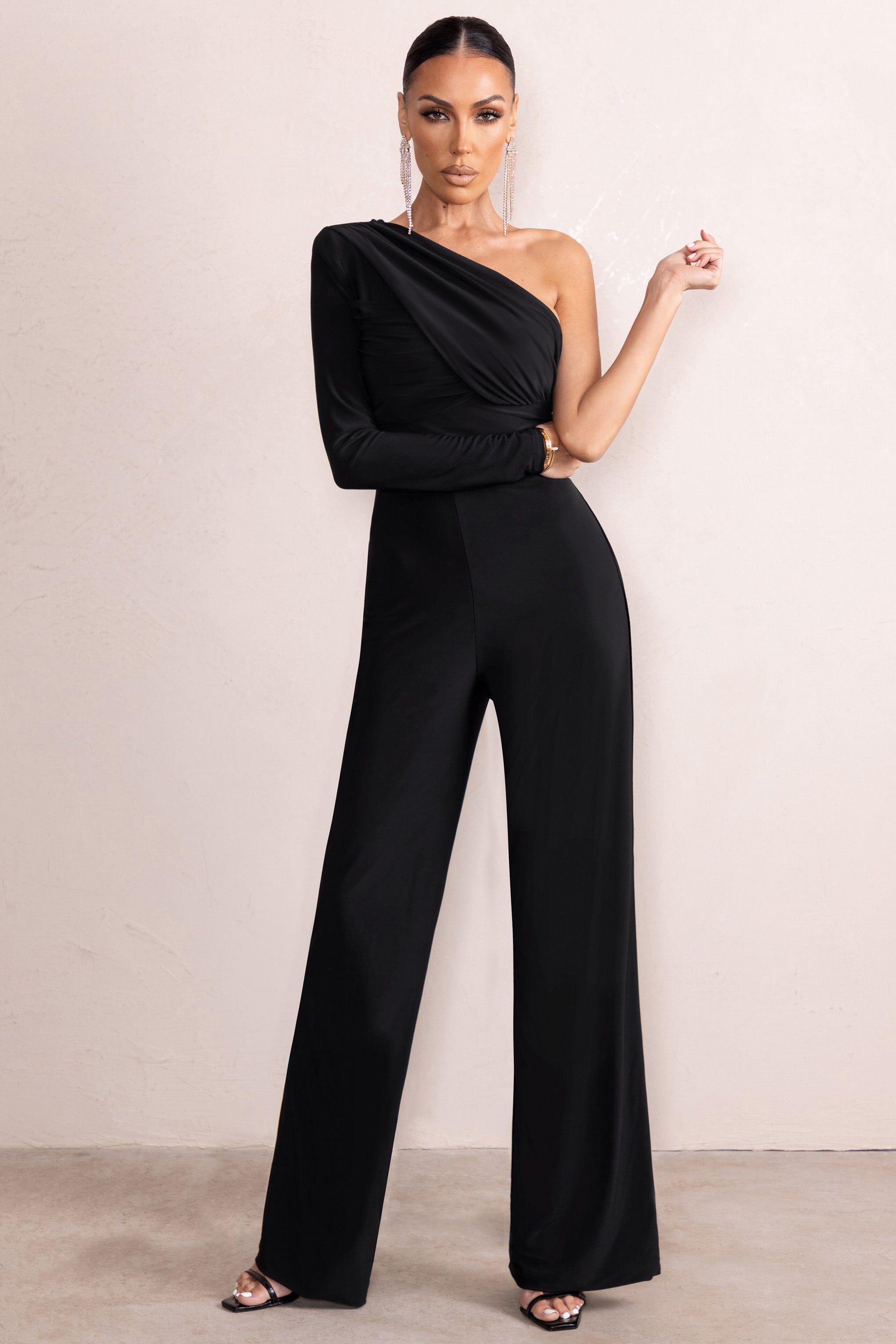 Mila | Black One Shoulder Ruched Wide Leg Jumpsuit sold by Club L London product image thumbnail 4