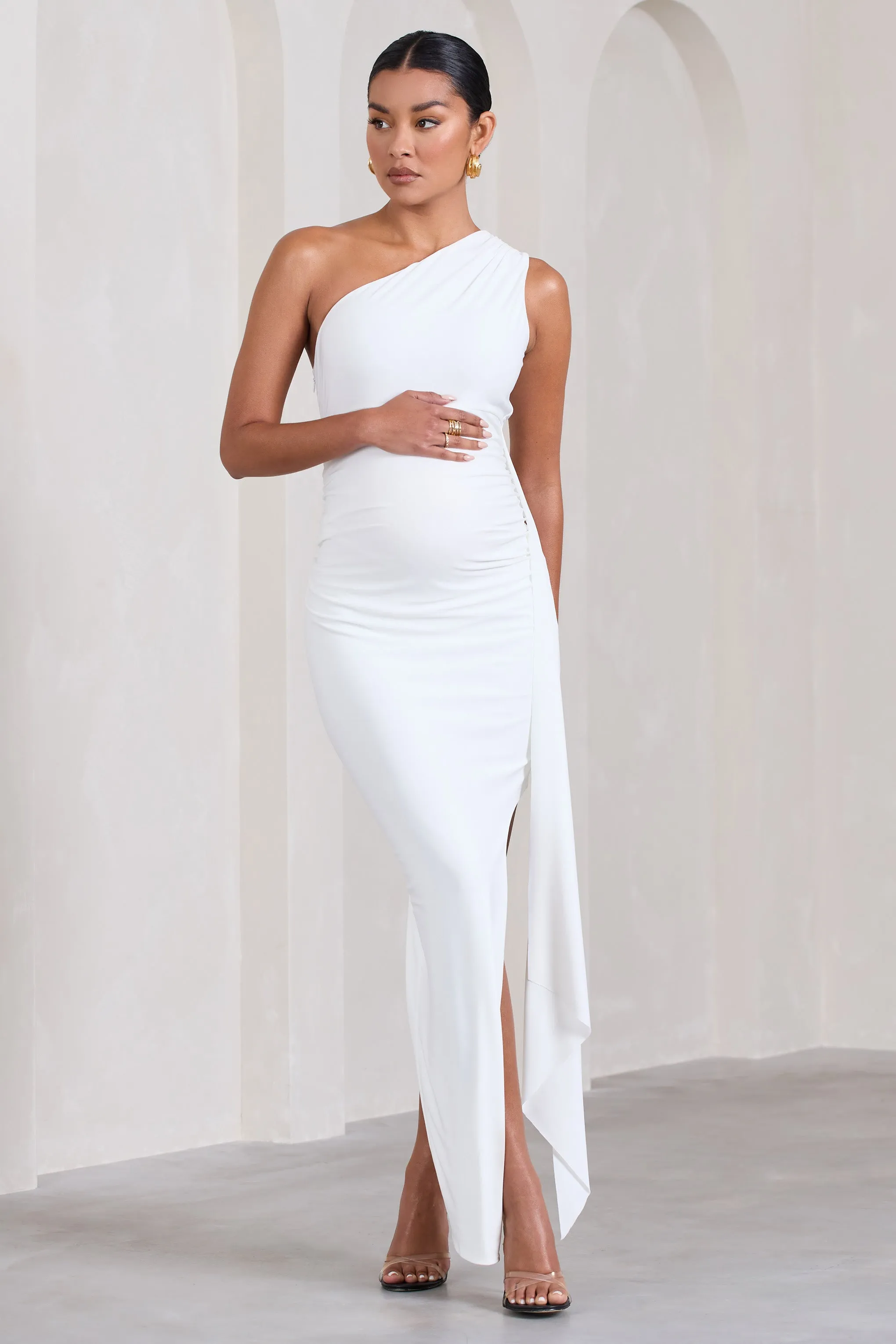 Dream Of You | White One-Shoulder Split Maternity Maxi Dress With Drape sold by Club L London product image thumbnail 4