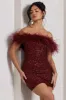 New Money | Burgundy Bodycon Sequin Mini Dress With Feather Trim sold by Club L London