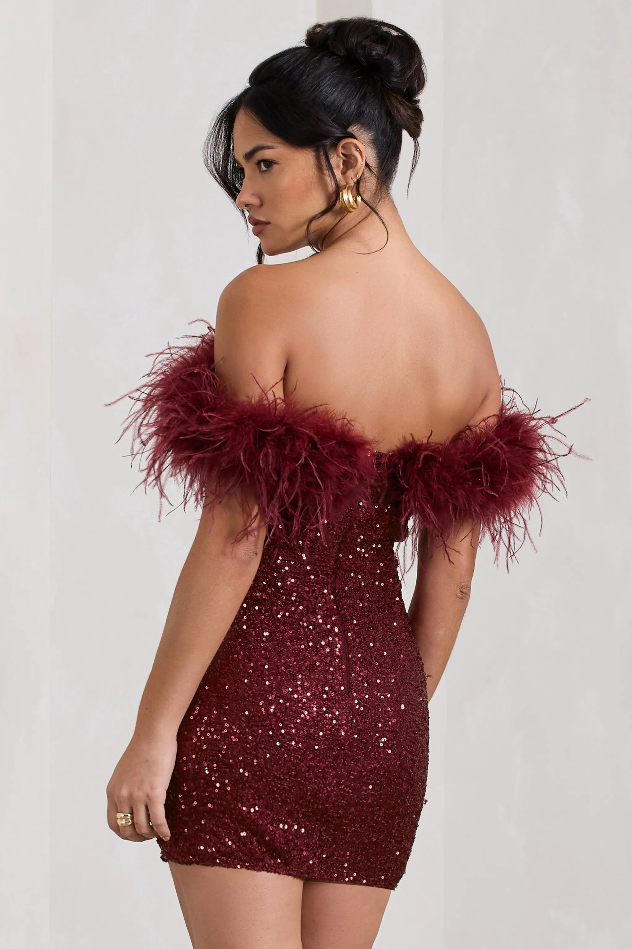 New Money | Burgundy Bodycon Sequin Mini Dress With Feather Trim sold by Club L London product image thumbnail 2