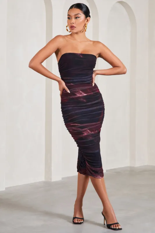 My Girl | Plum Print Strapless Bodycon Ruched Mesh Midi Dress sold by Club L London