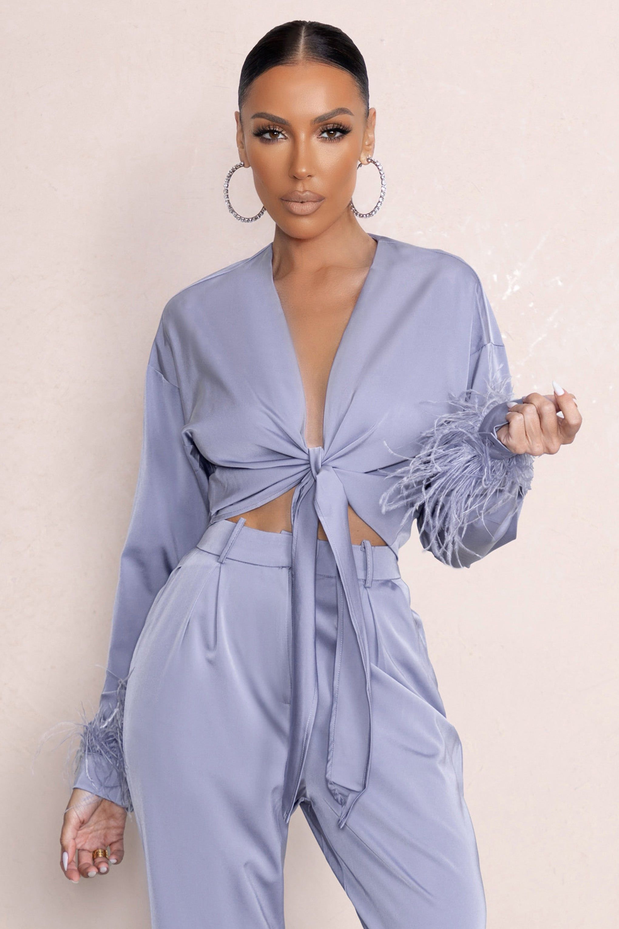 Beauty Pie | Powder Blue Plunge Neck Tie Front Shirt With Feather Trim sold by Club L London product image thumbnail 4