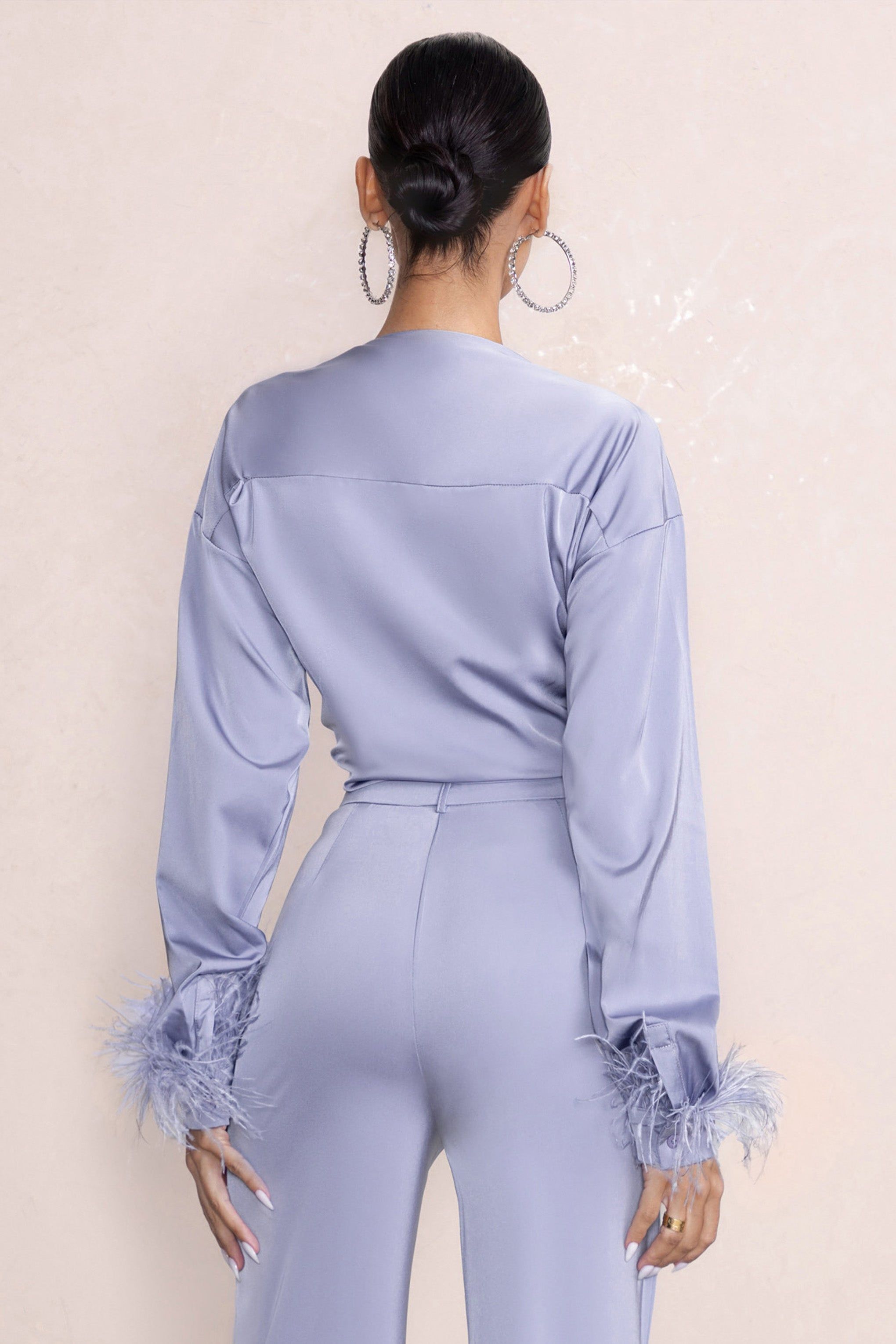 Beauty Pie | Powder Blue Plunge Neck Tie Front Shirt With Feather Trim sold by Club L London product image thumbnail 2