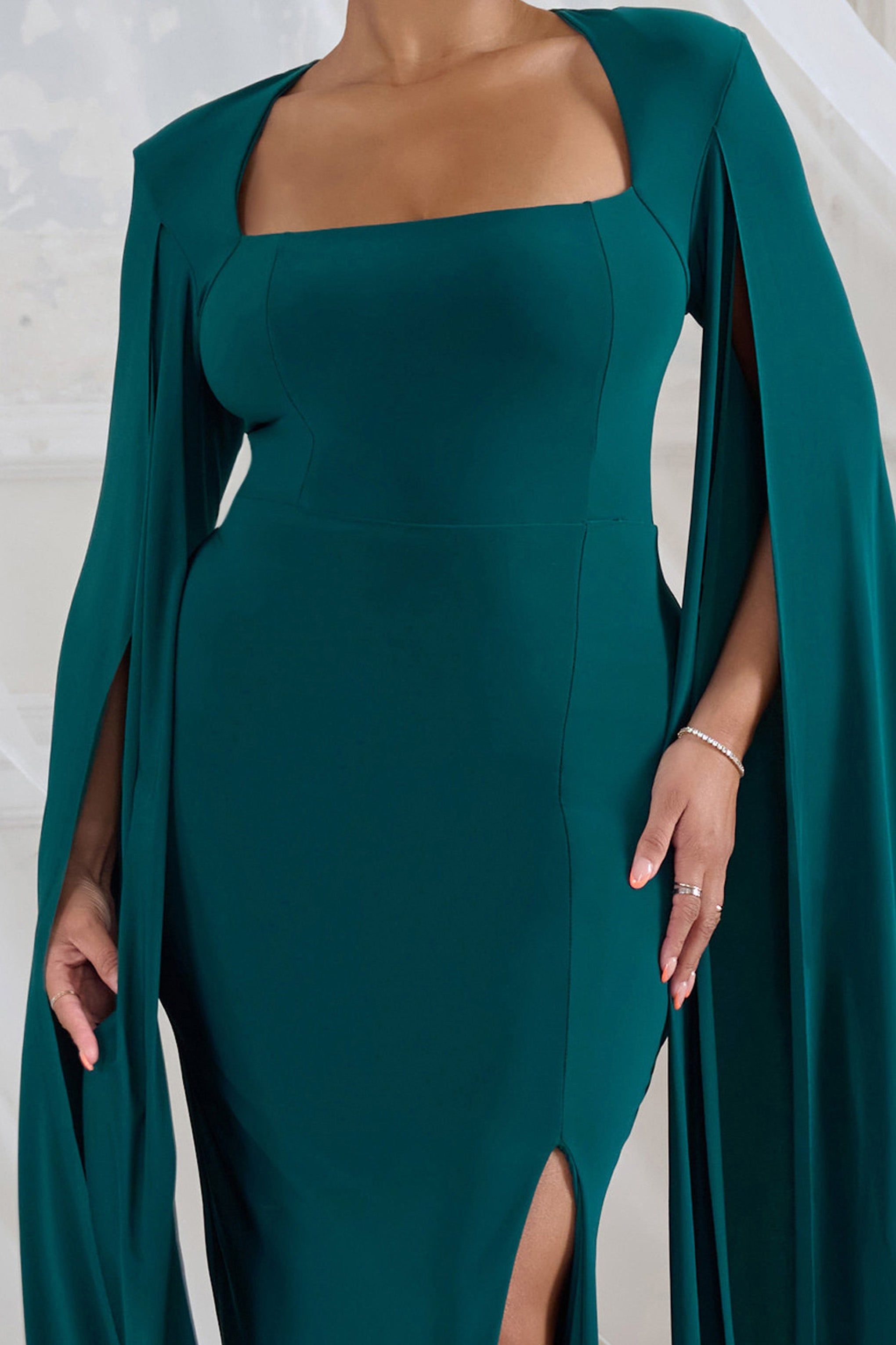 Drama Queen | Bottle Green Square Neck Maxi Dress With Cape Sleeves sold by Club L London product image thumbnail 6
