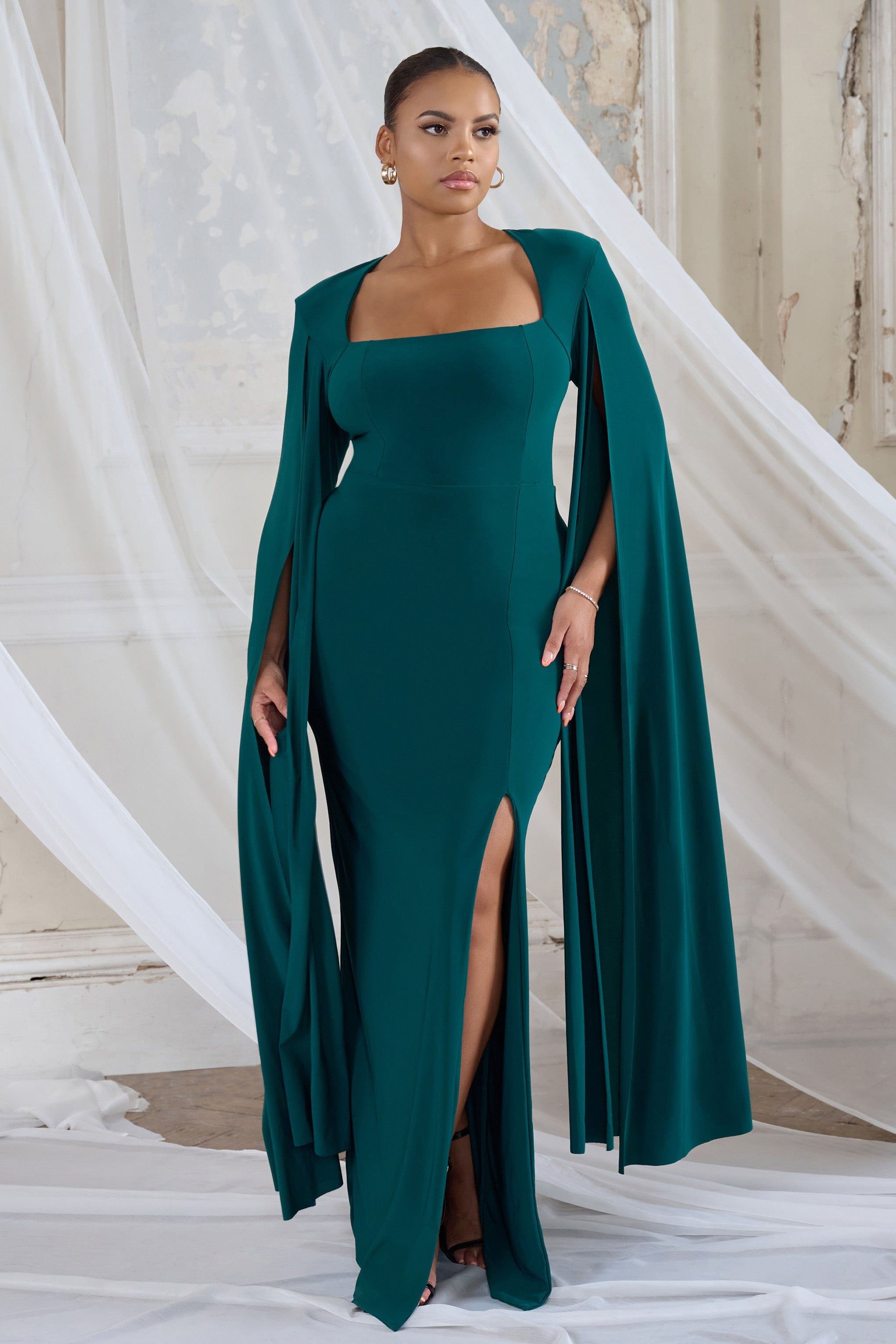 Drama Queen | Bottle Green Square Neck Maxi Dress With Cape Sleeves sold by Club L London product image thumbnail 4