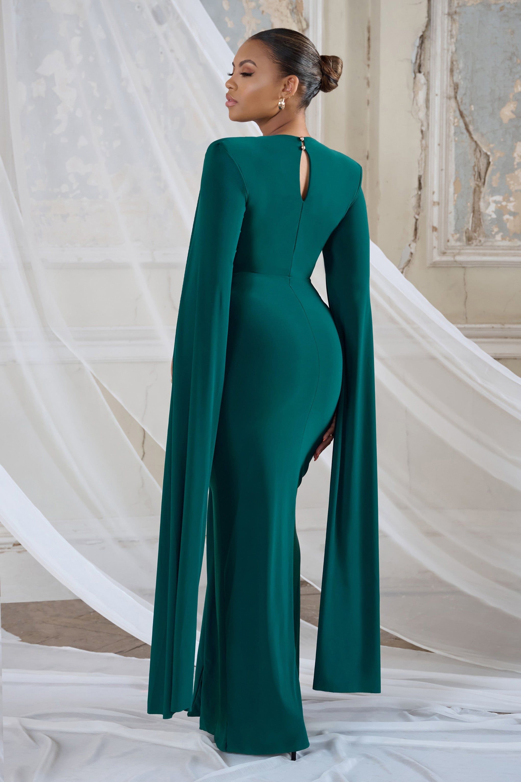 Drama Queen | Bottle Green Square Neck Maxi Dress With Cape Sleeves sold by Club L London product image thumbnail 5