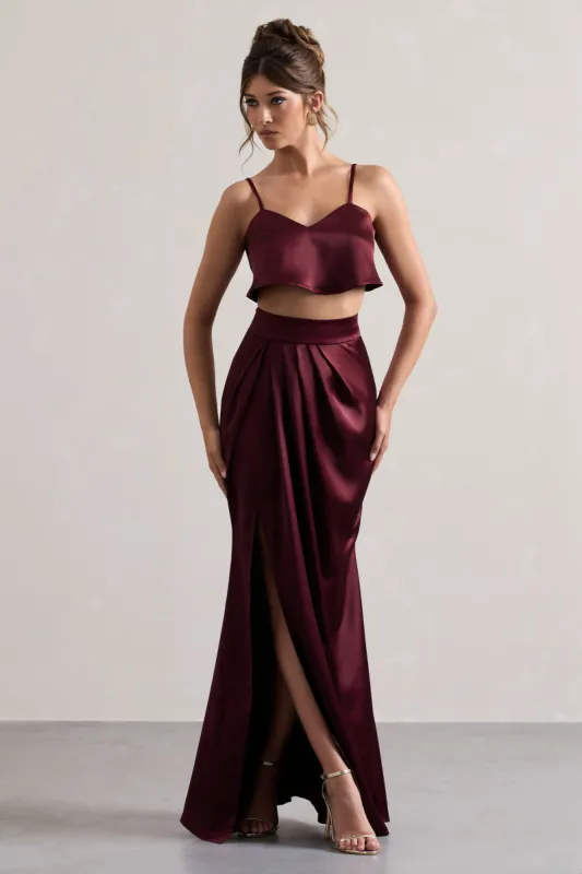 Free Feeling | Plum Satin Split Maxi Skirt sold by Club L London