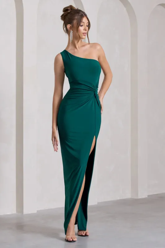 Coralina | Bottle Green One Shoulder Open-Back Split Maxi Dress made by Club L London