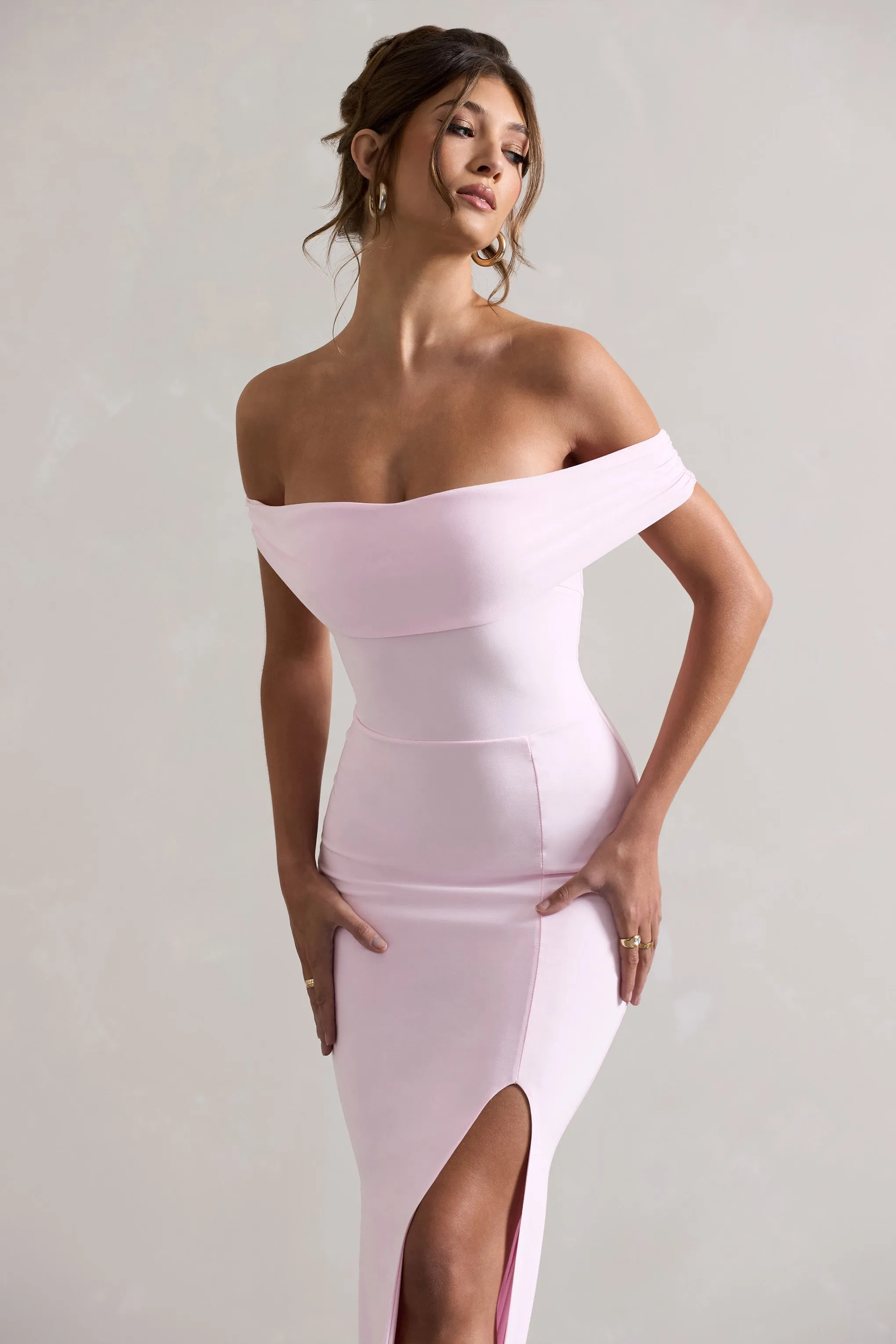 Law of Attraction | Pink Bardot Draped Split Maxi Dress sold by Club L London product image thumbnail 3