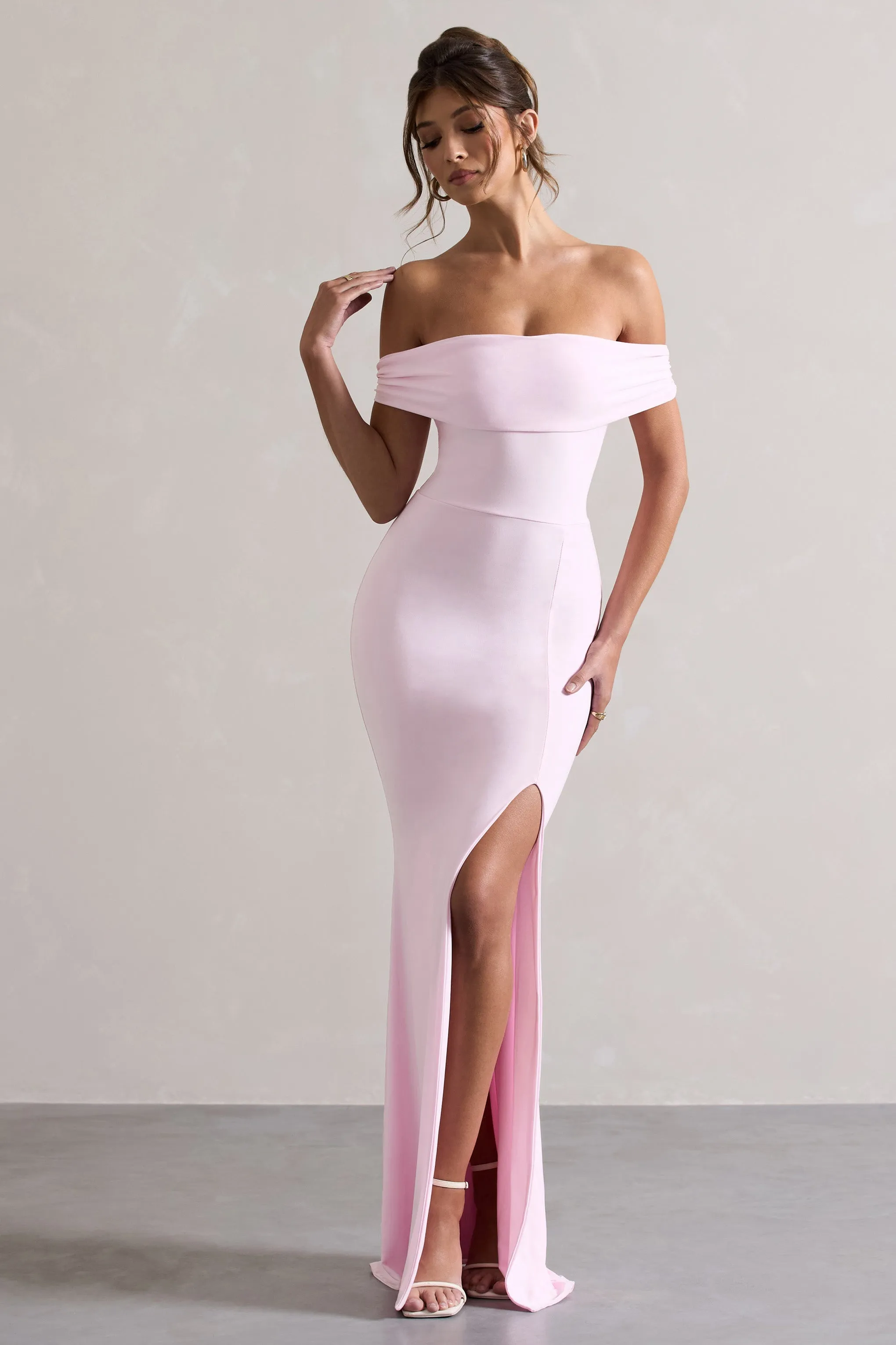 Law of Attraction | Pink Bardot Draped Split Maxi Dress sold by Club L London
