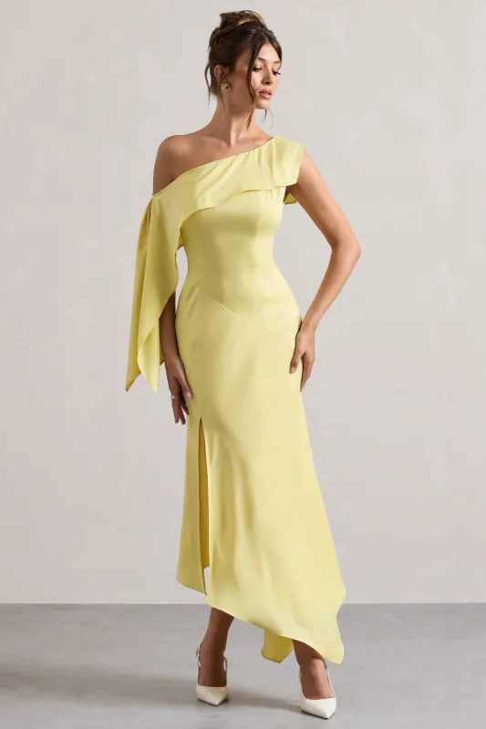 Freesia | Lemon Satin Asymmetric Draped Split Maxi Dress sold by Club L London