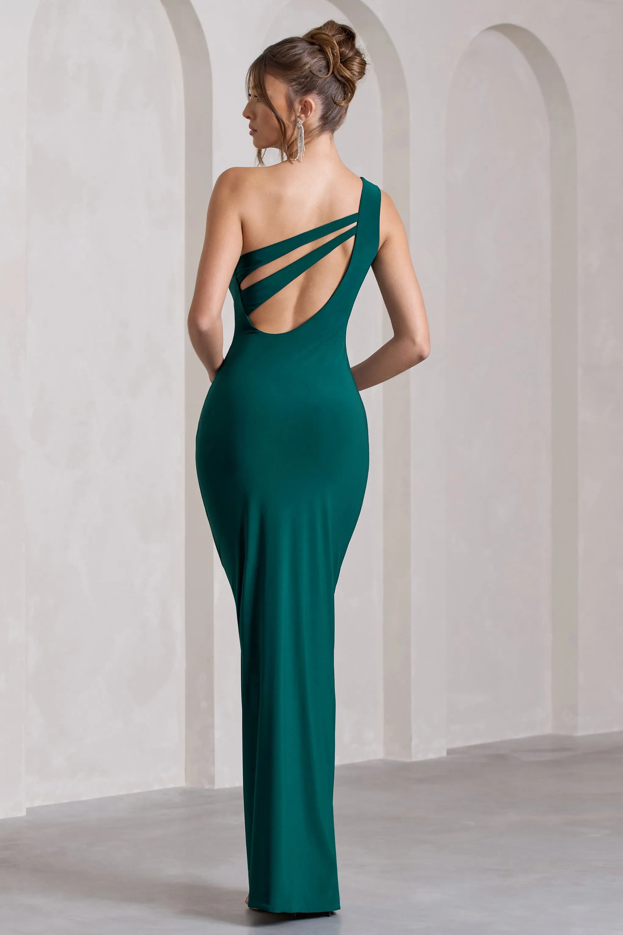 Coralina | Bottle Green One Shoulder Open-Back Split Maxi Dress sold by Club L London product image thumbnail 2