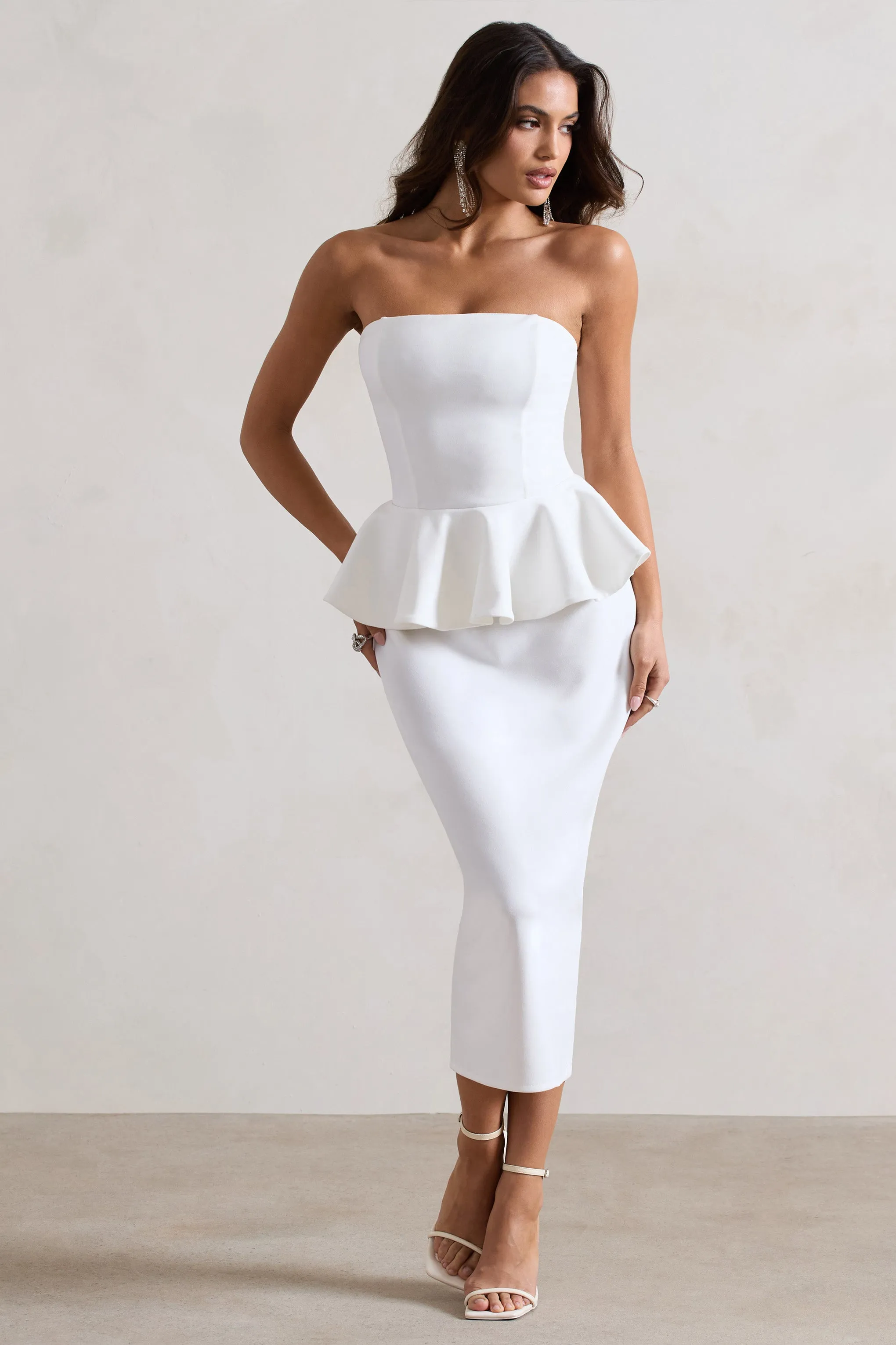 Chicago | White Bodycon Bandeau Midi Dress With Peplum Detail sold by Club L London product image thumbnail 4