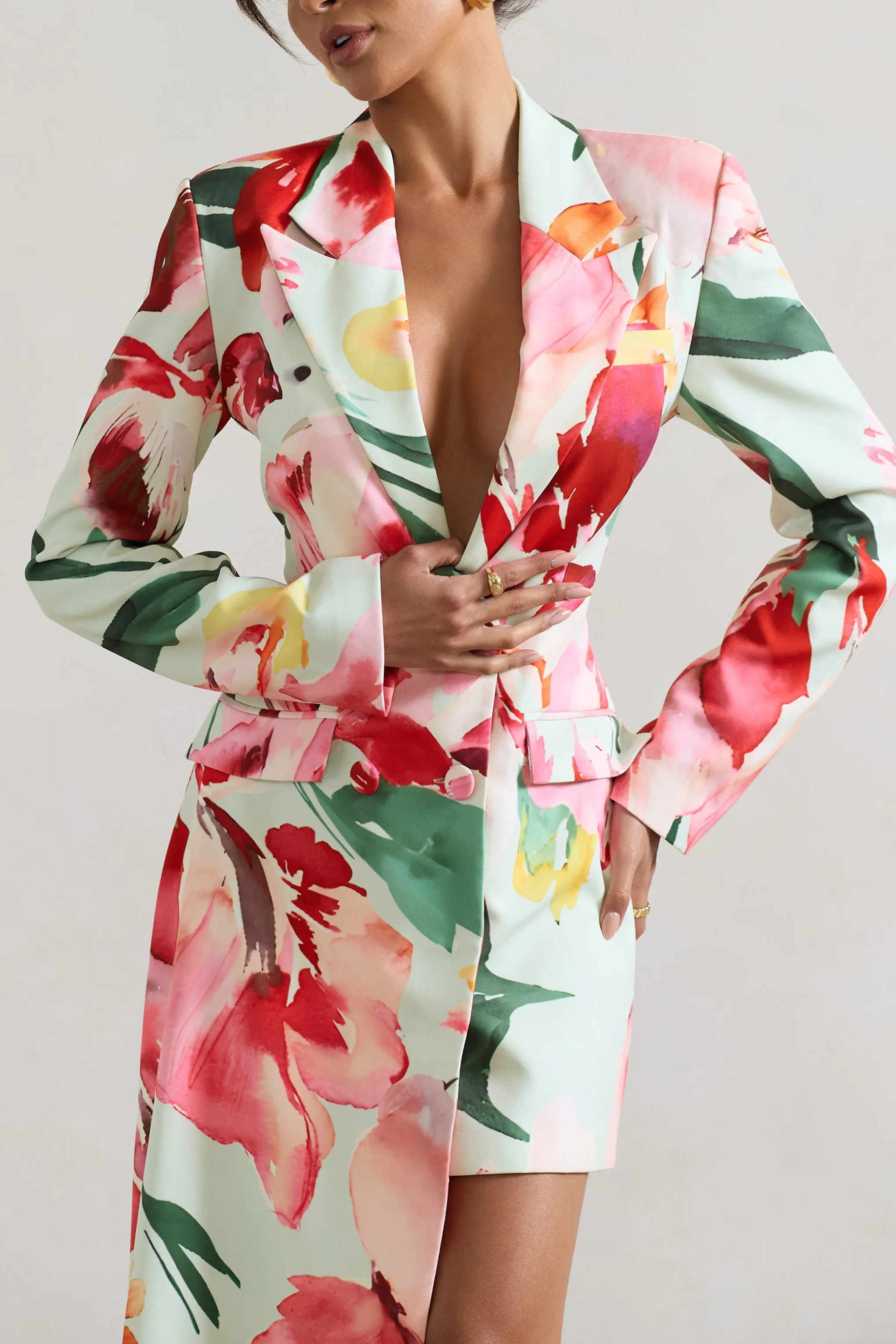 Spiral | Mint Floral Tailored Blazer Mini Dress With Asymmetric Hem sold by Club L London product image thumbnail 3