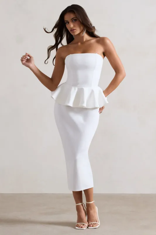 Chicago | White Bodycon Bandeau Midi Dress With Peplum Detail sold by Club L London