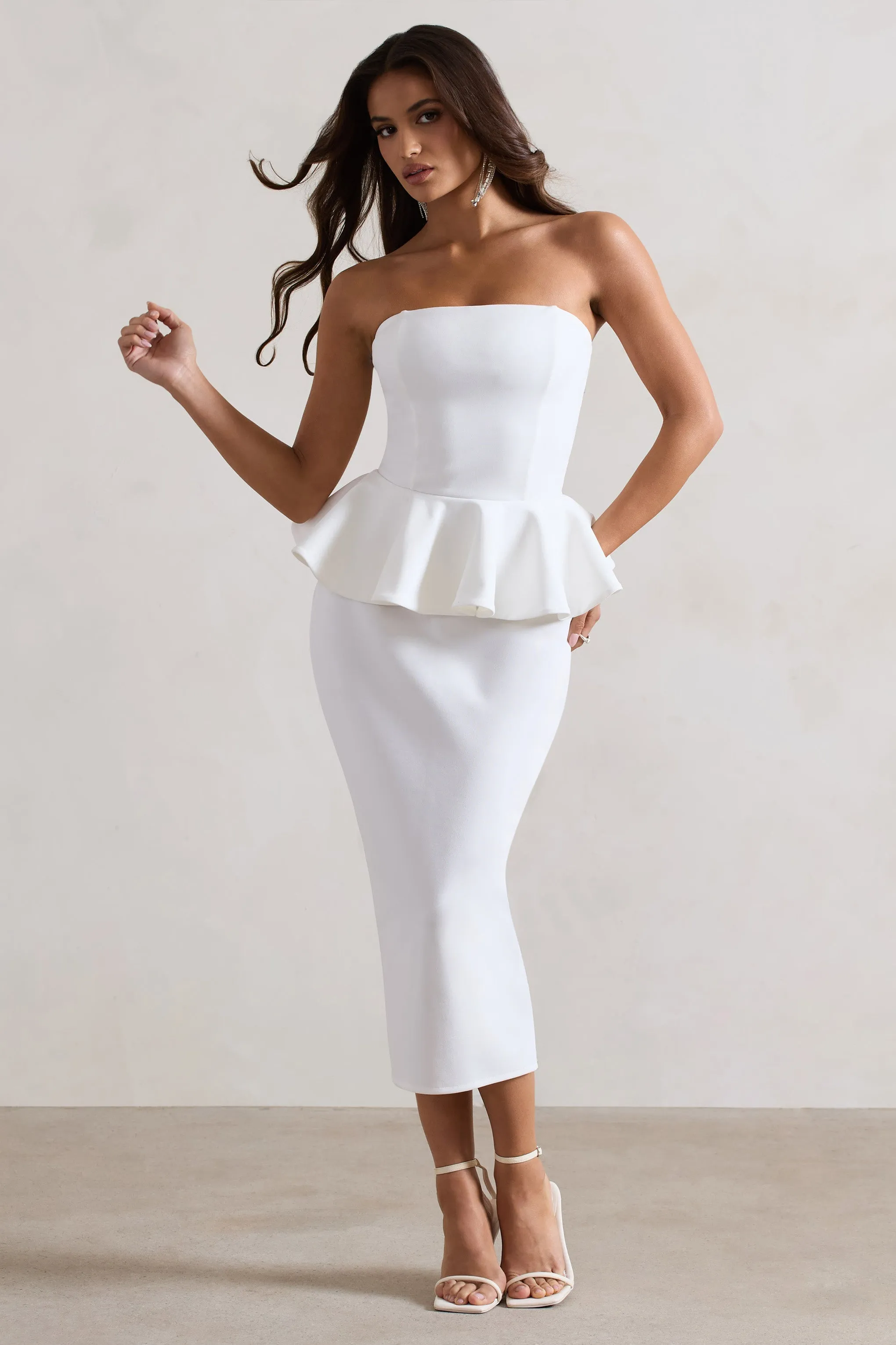 Chicago | White Bodycon Bandeau Midi Dress With Peplum Detail sold by Club L London
