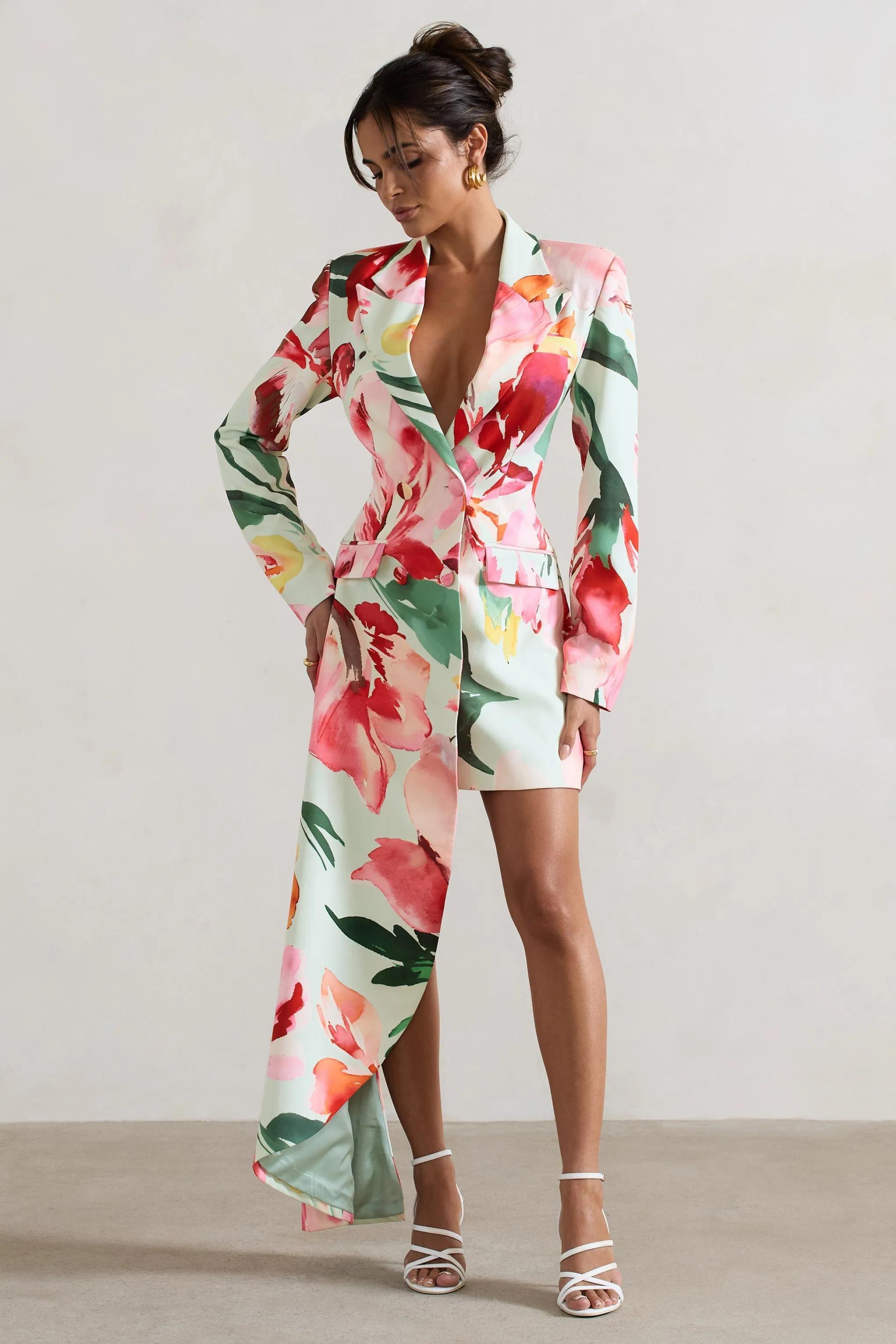 Spiral | Mint Floral Tailored Blazer Mini Dress With Asymmetric Hem sold by Club L London product image thumbnail 5