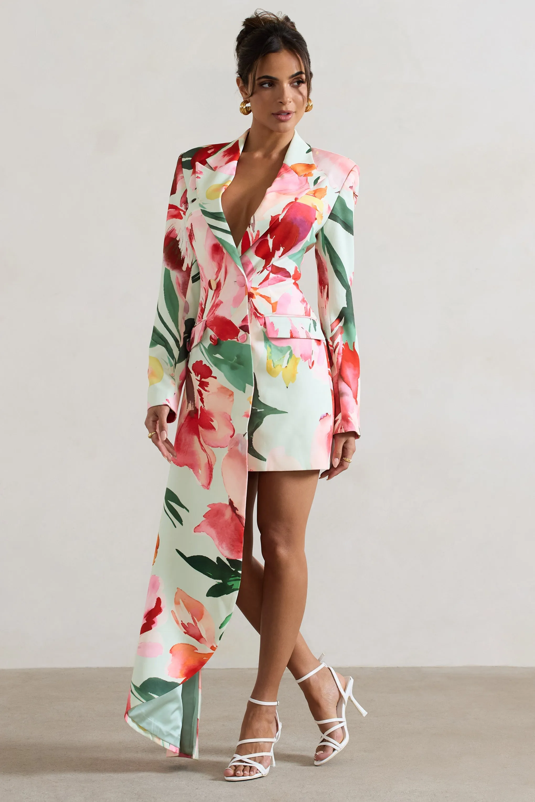 Spiral | Mint Floral Tailored Blazer Mini Dress With Asymmetric Hem sold by Club L London product image thumbnail 4