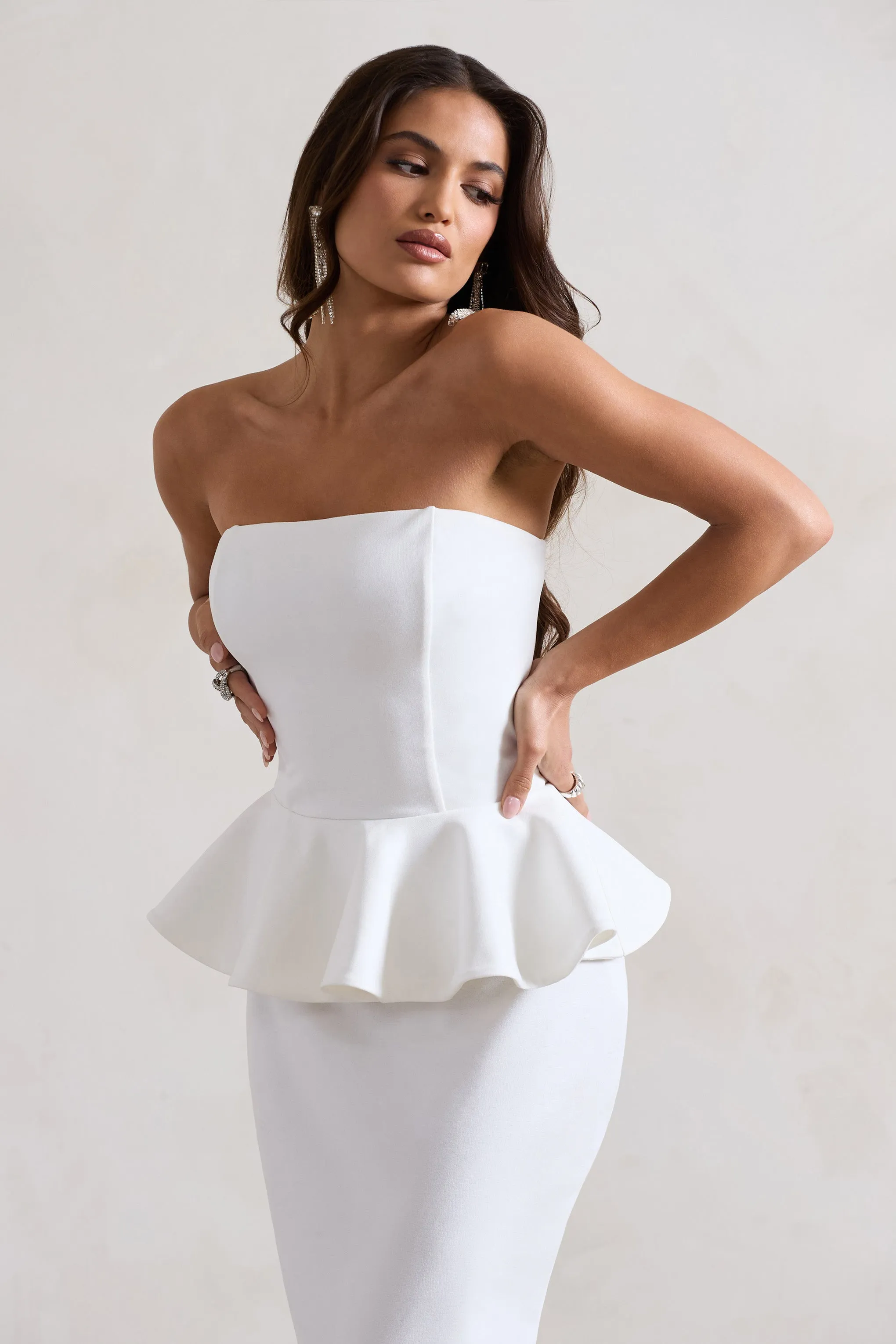 Chicago | White Bodycon Bandeau Midi Dress With Peplum Detail sold by Club L London product image thumbnail 3
