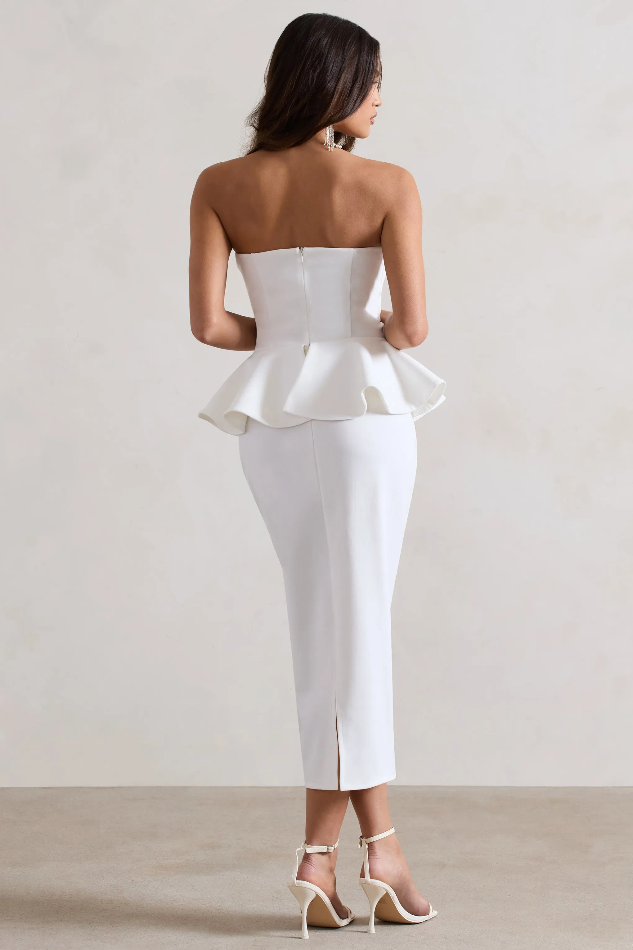 Chicago | White Bodycon Bandeau Midi Dress With Peplum Detail sold by Club L London product image thumbnail 2