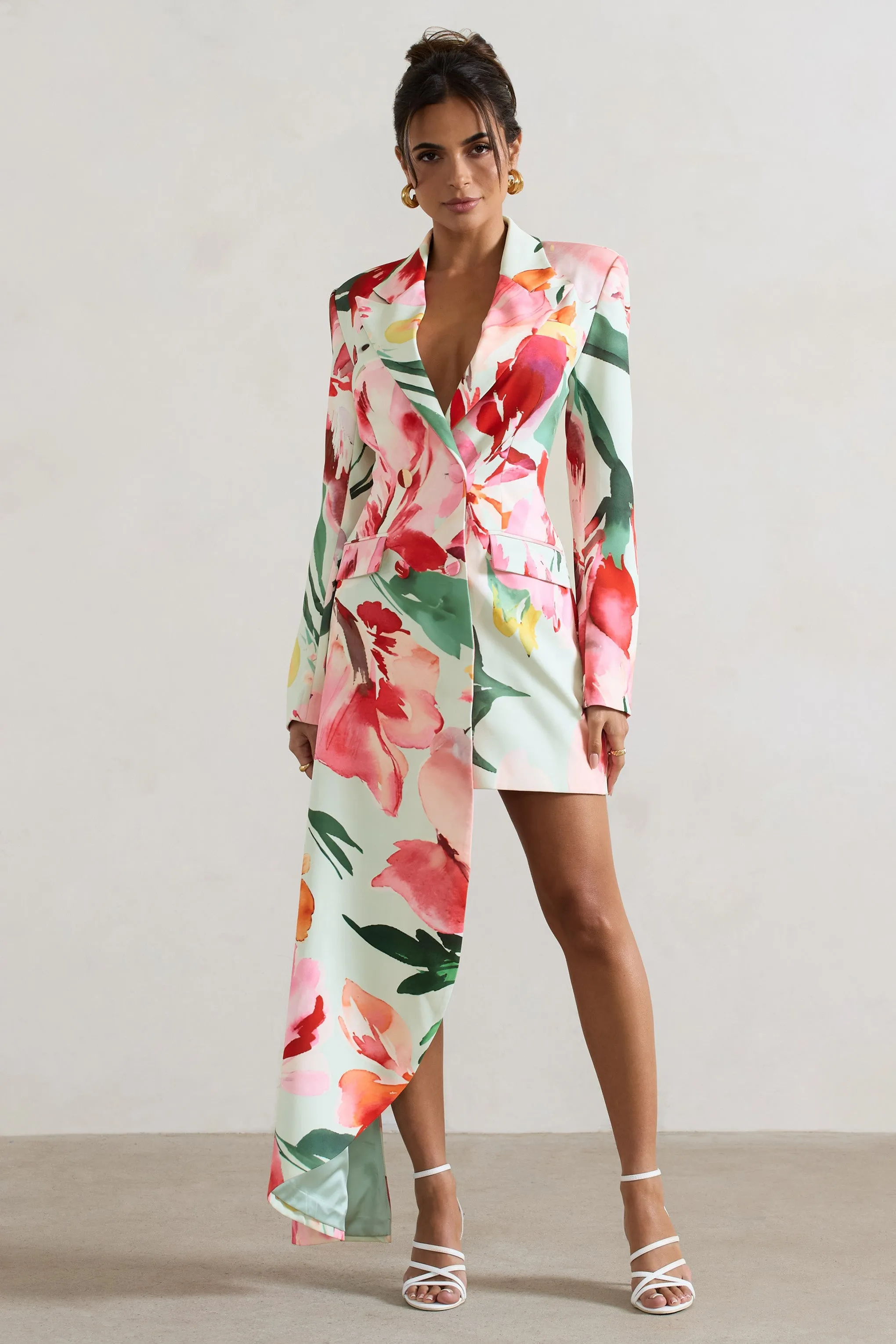 Spiral | Mint Floral Tailored Blazer Mini Dress With Asymmetric Hem sold by Club L London