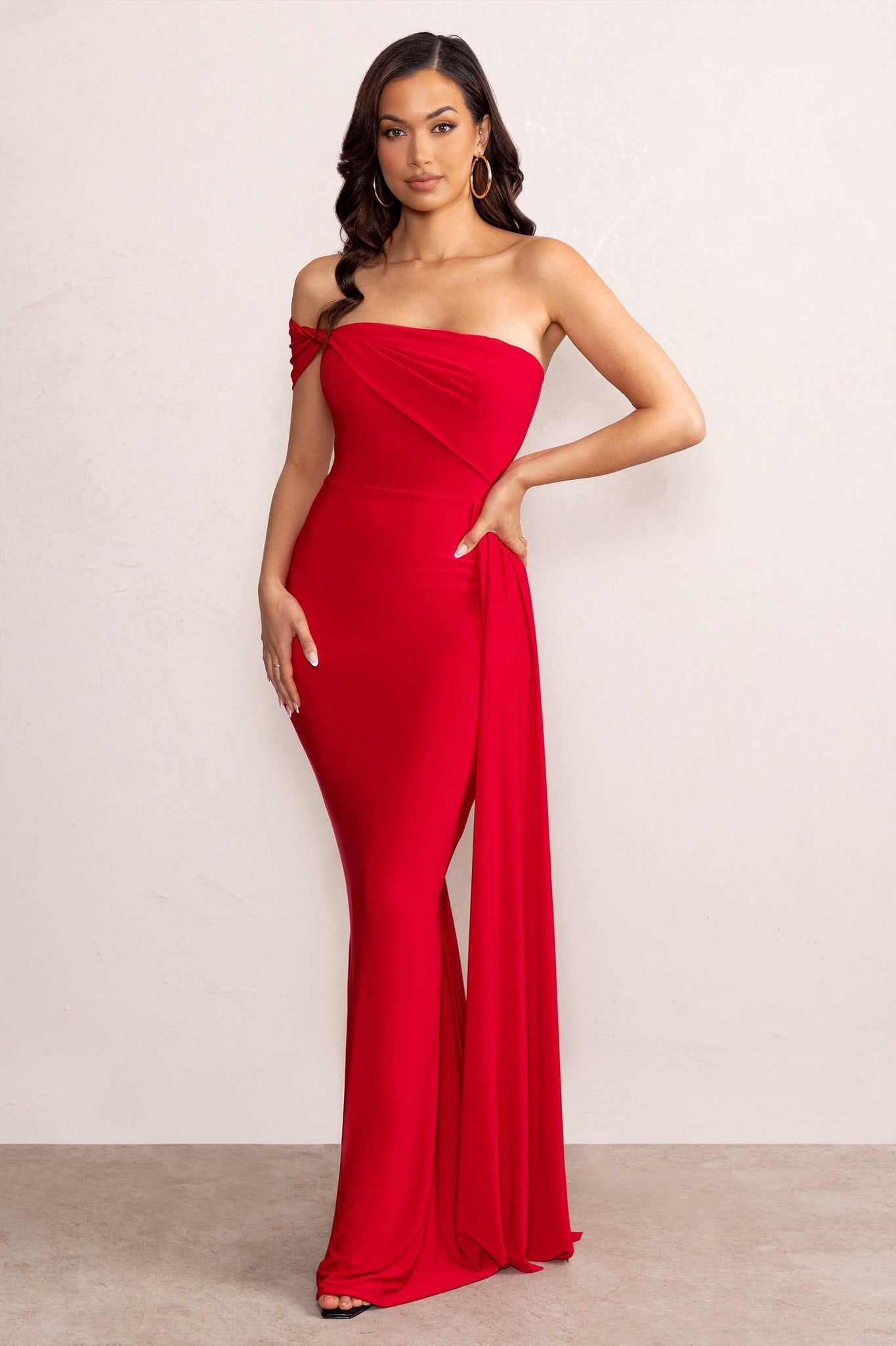 Aaliyah | Red Asymmetric Bardot Maxi Dress with Drape sold by Club L London