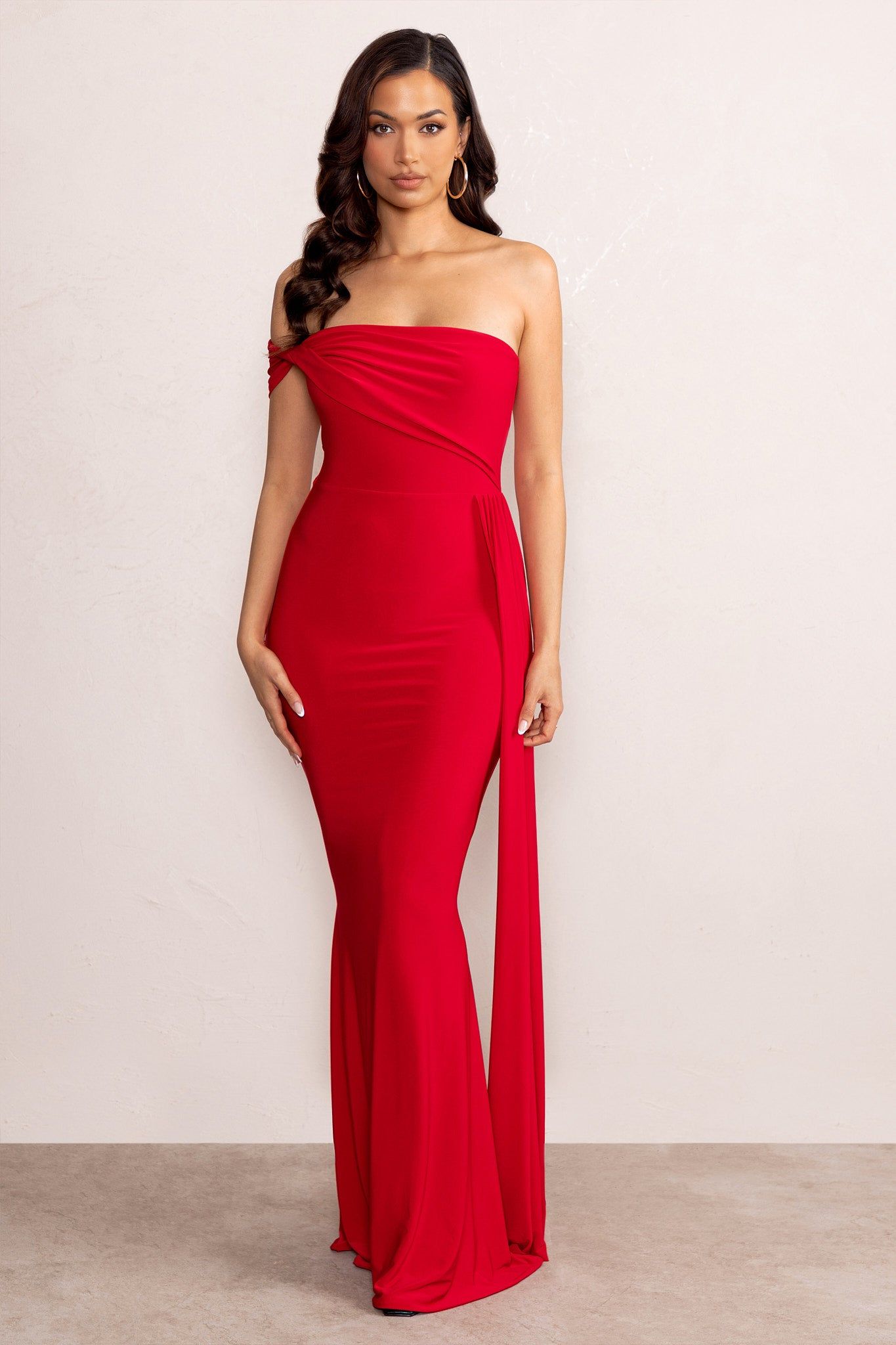 Aaliyah | Red Asymmetric Bardot Maxi Dress with Drape sold by Club L London product image thumbnail 4