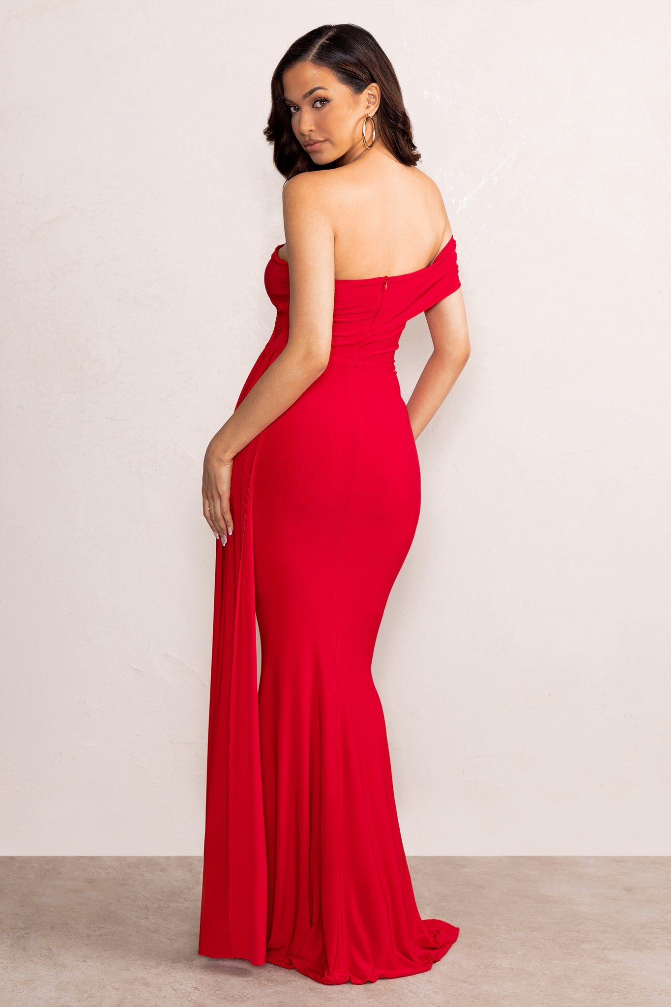Aaliyah | Red Asymmetric Bardot Maxi Dress with Drape sold by Club L London product image thumbnail 2