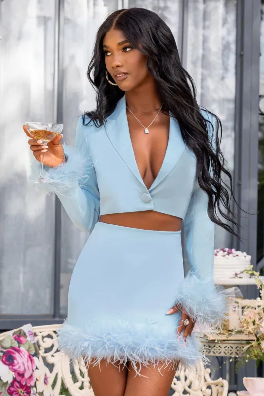 Tempting | Powder Blue Cropped Blazer With Feather Trim On Sleeve Cuff sold by Club L London