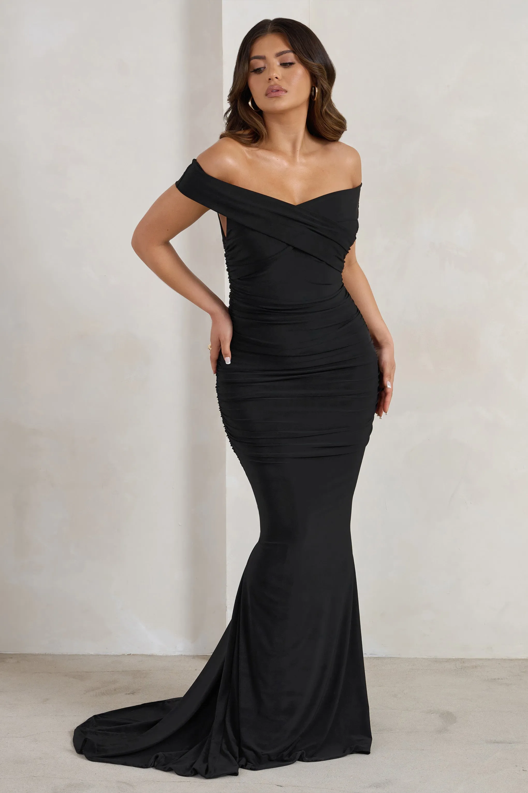 Apolline | Black Off The Shoulder Ruched Fishtail Maxi Dress sold by Club L London product image thumbnail 3