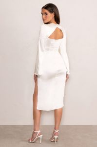 Zaina | White Long Sleeve Midi Dress with High Neckline sold by Club L London