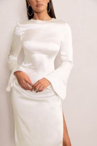 Zaina | White Long Sleeve Midi Dress with High Neckline sold by Club L London