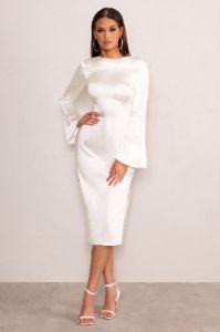 Zaina | White Long Sleeve Midi Dress with High Neckline sold by Club L London