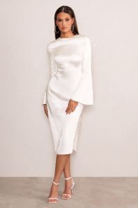 Zaina | White Long Sleeve Midi Dress with High Neckline sold by Club L London