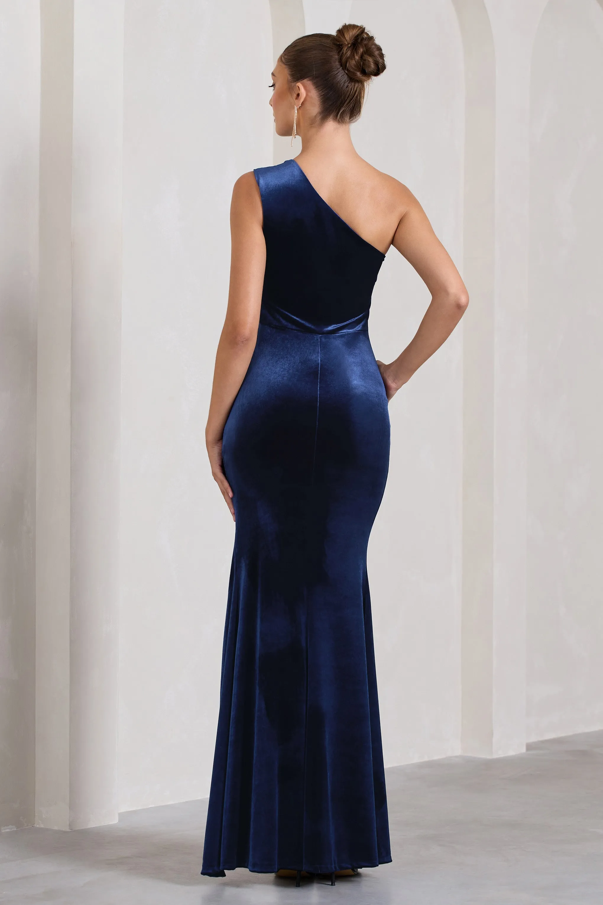 Stargazing | Navy Velvet Asymmetric Split Maxi Dress sold by Club L London product image thumbnail 2