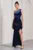 Stargazing | Navy Velvet Asymmetric Split Maxi Dress sold by Club L London
