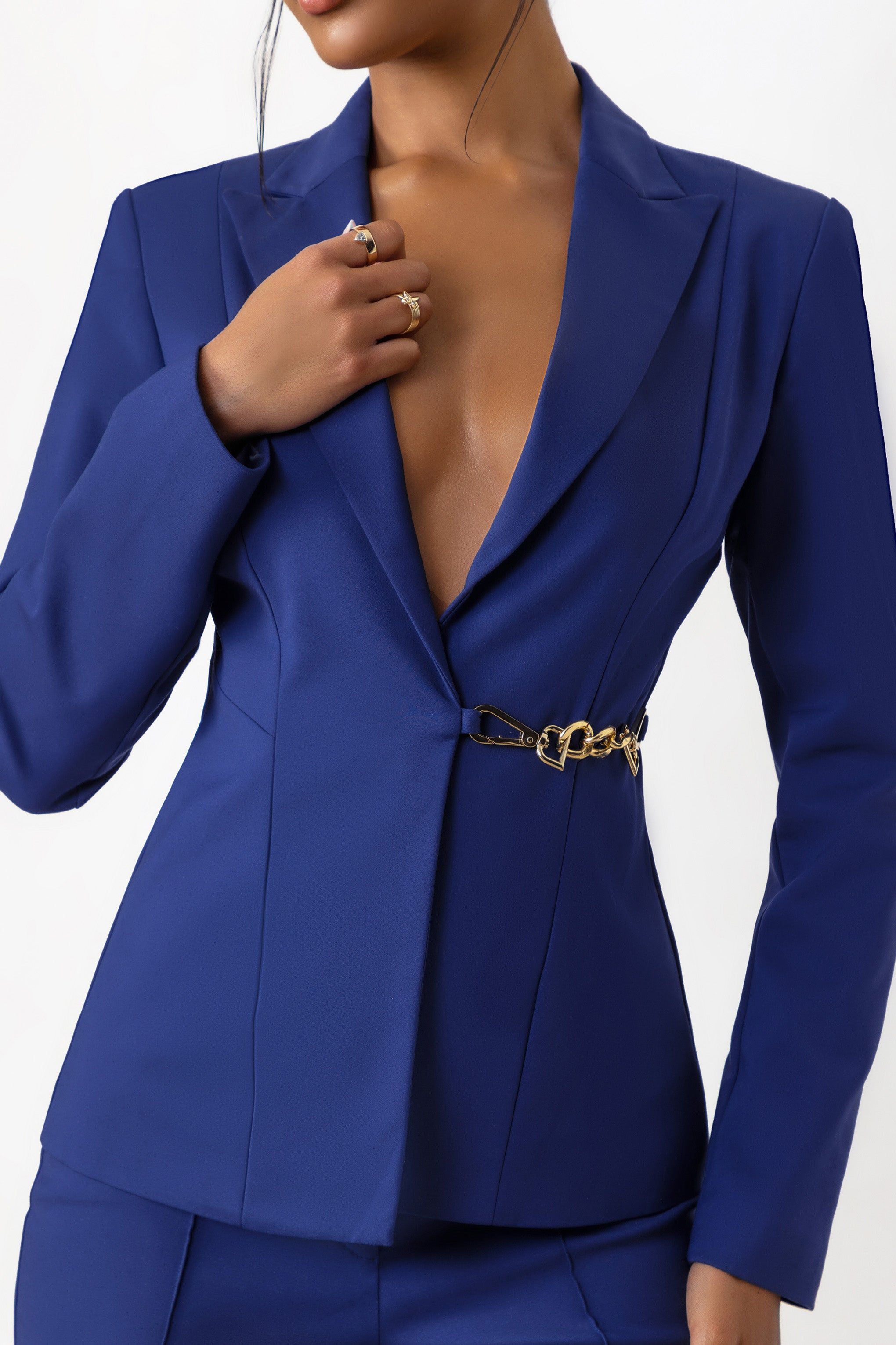 Chiara | Cobalt Blue Plunge Neck Tailored Blazer With Chain Detail sold by Club L London product image thumbnail 3