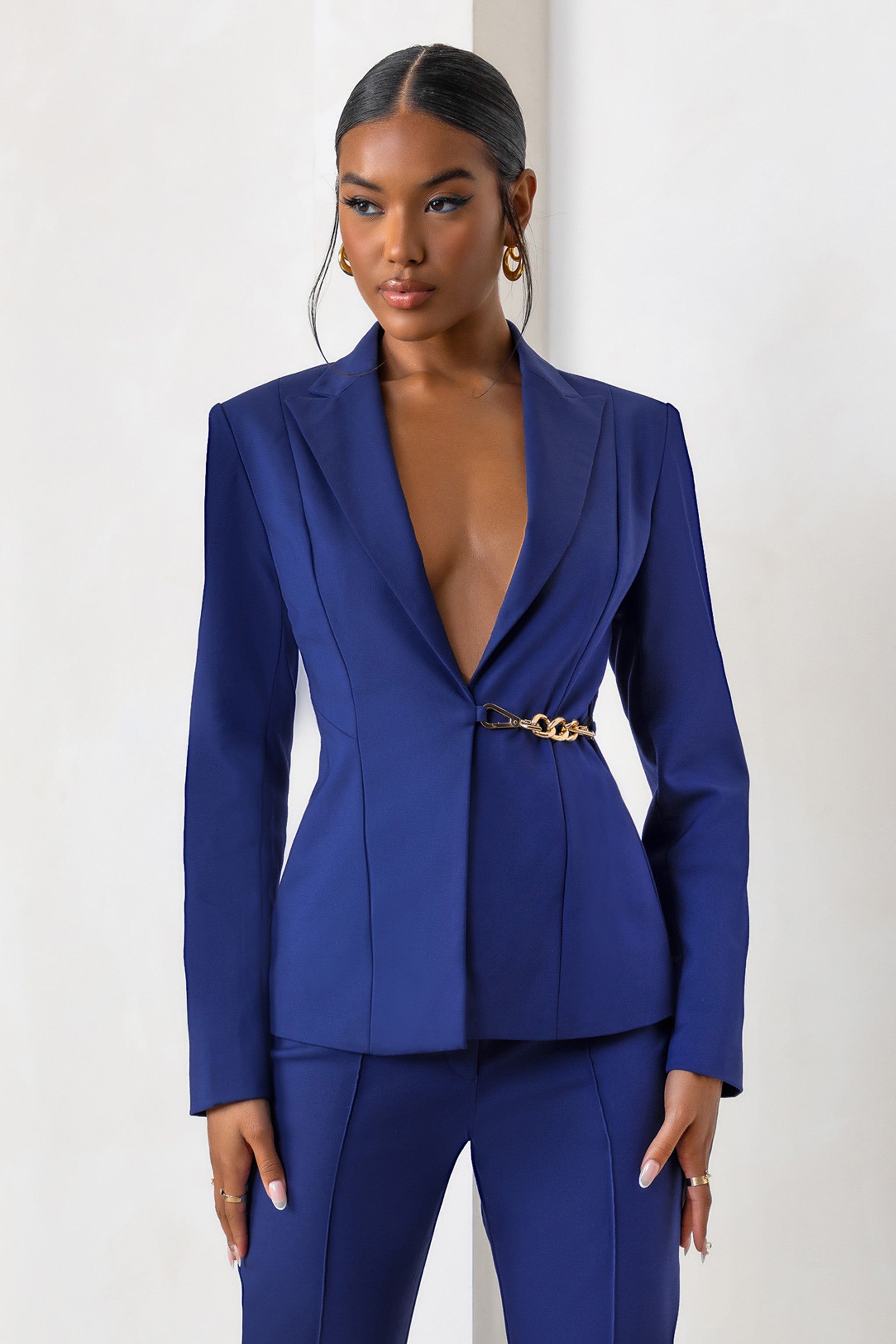 Chiara | Cobalt Blue Plunge Neck Tailored Blazer With Chain Detail sold by Club L London product image thumbnail 4