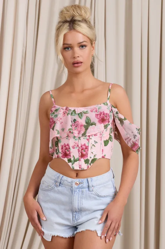Lost In Your Love | Pink Floral Print Asymmetric Corset Top With Draped Chiffon Sleeve made by Club L London