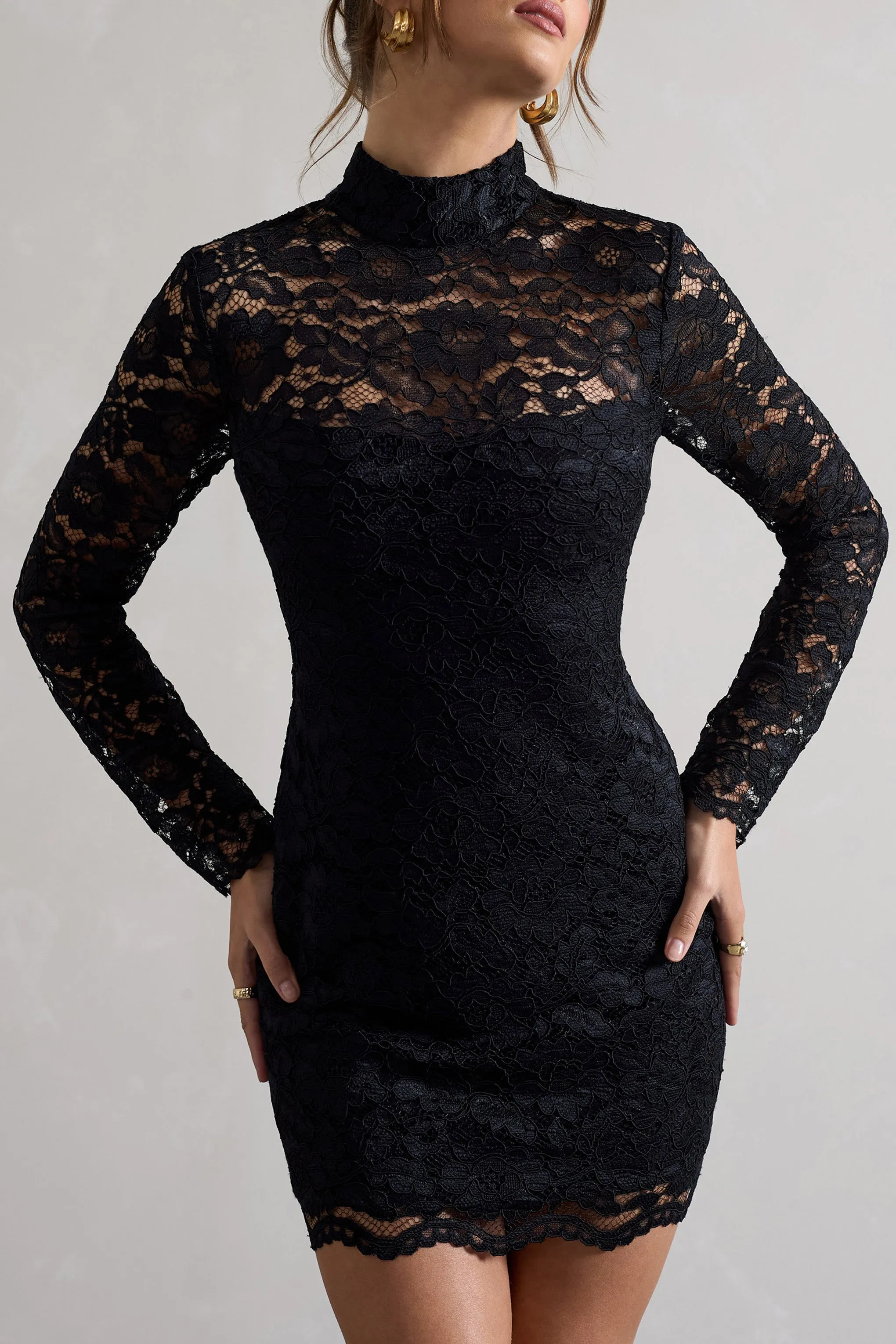 Gossip | Black Lace High-Neck Mini Dress sold by Club L London product image thumbnail 3