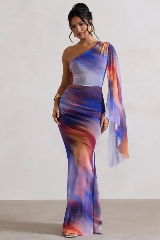 Brisa | Ombre Print Mesh Asymmetric Ruched Maxi Dress sold by Club L London