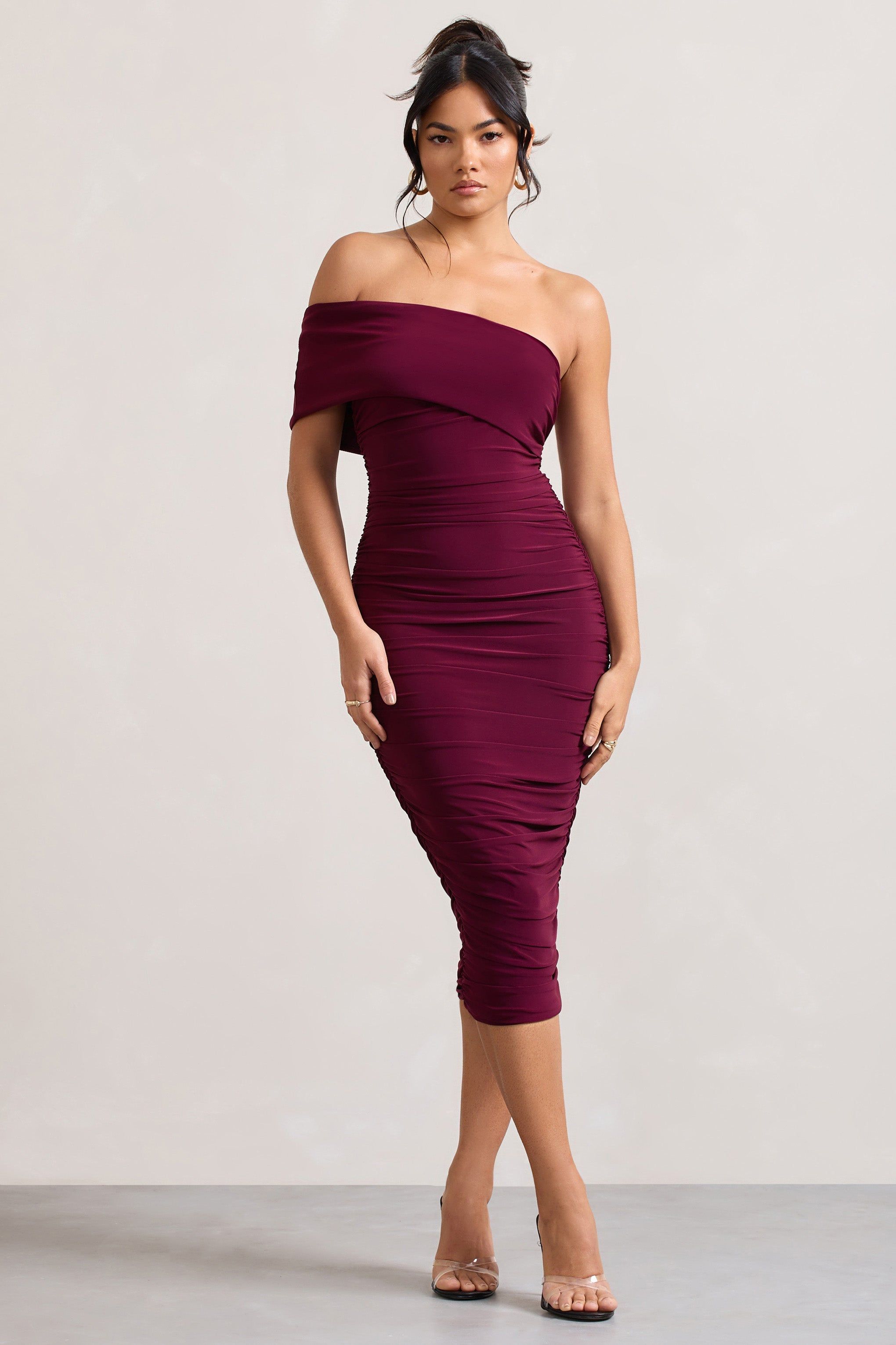 Remember Me | Burgundy One Shoulder Midi Dress sold by Club L London