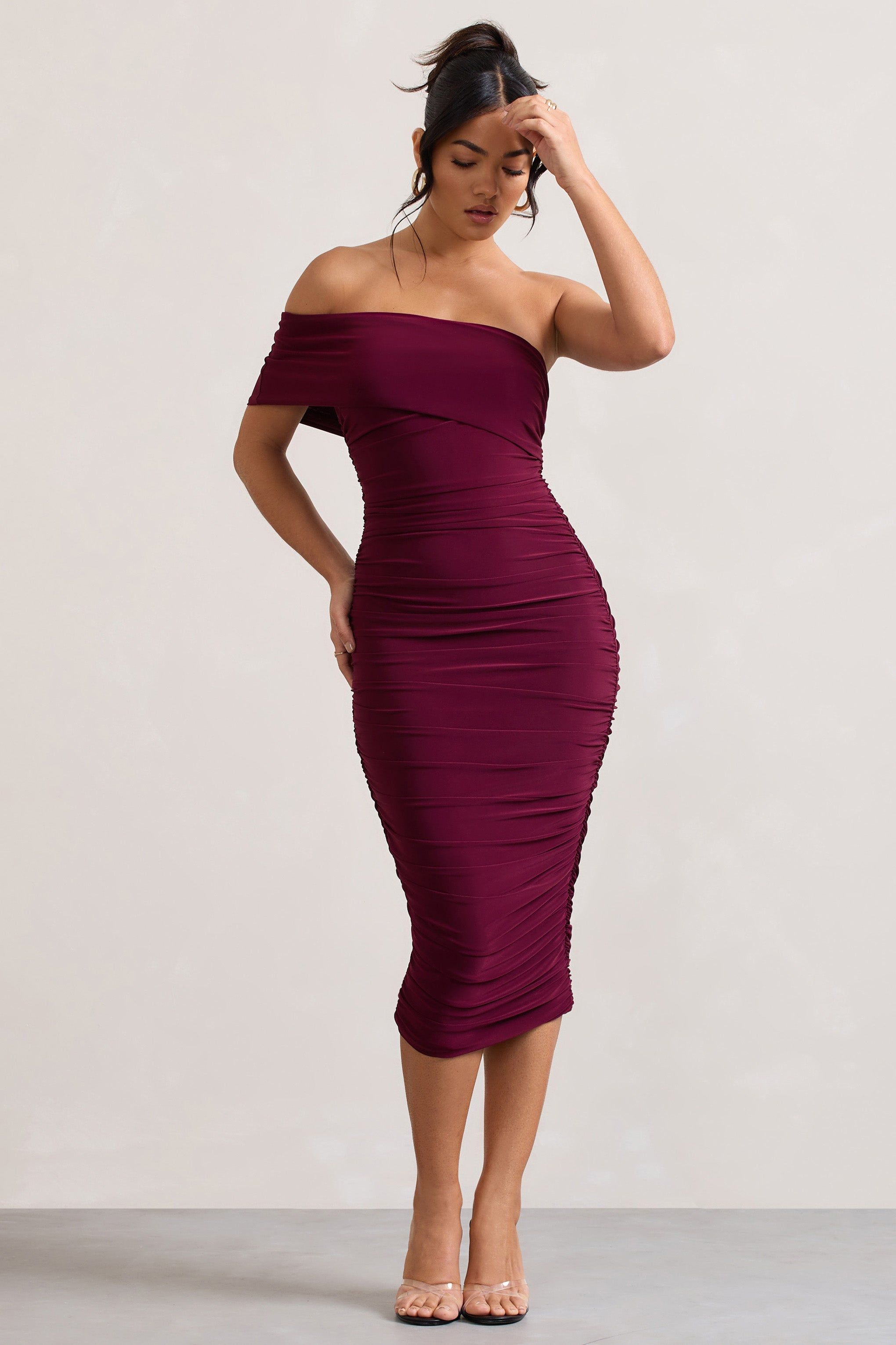 Remember Me | Burgundy One Shoulder Midi Dress sold by Club L London product image thumbnail 4