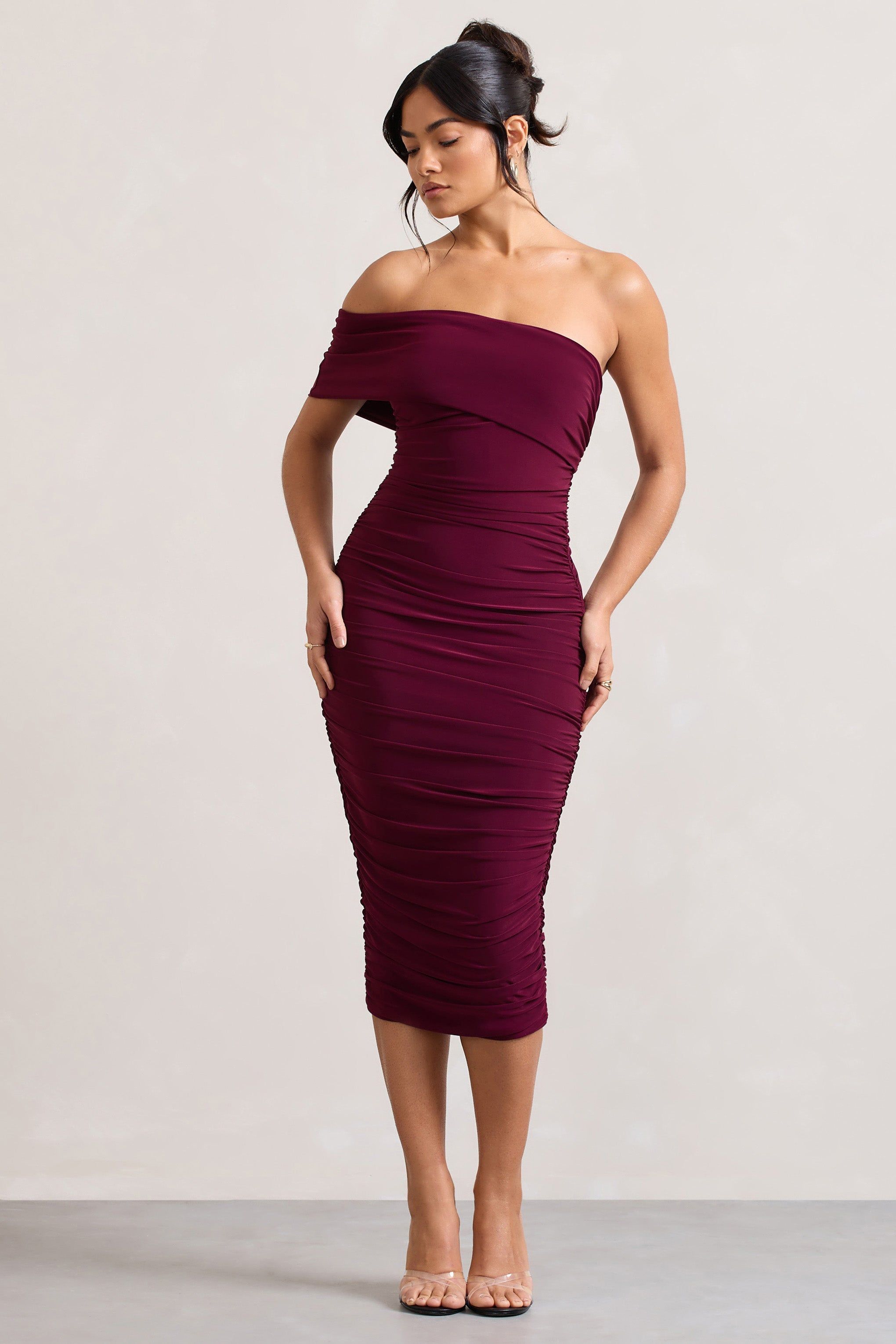 Remember Me | Burgundy One Shoulder Midi Dress sold by Club L London product image thumbnail 5