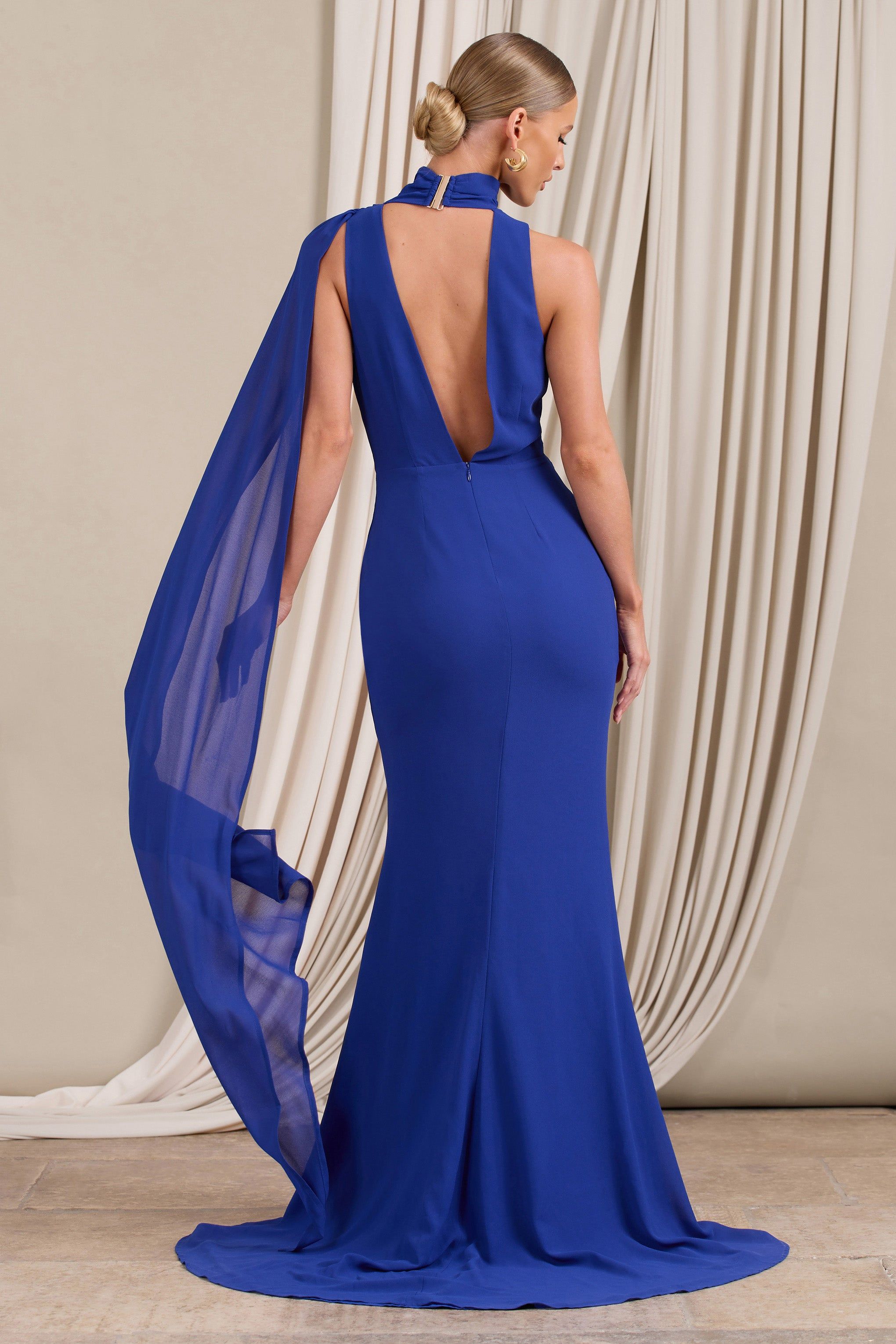 Whimsical | Blue Chiffon Plunge Fishtail Maxi Dress With Scarf Design sold by Club L London product image thumbnail 2