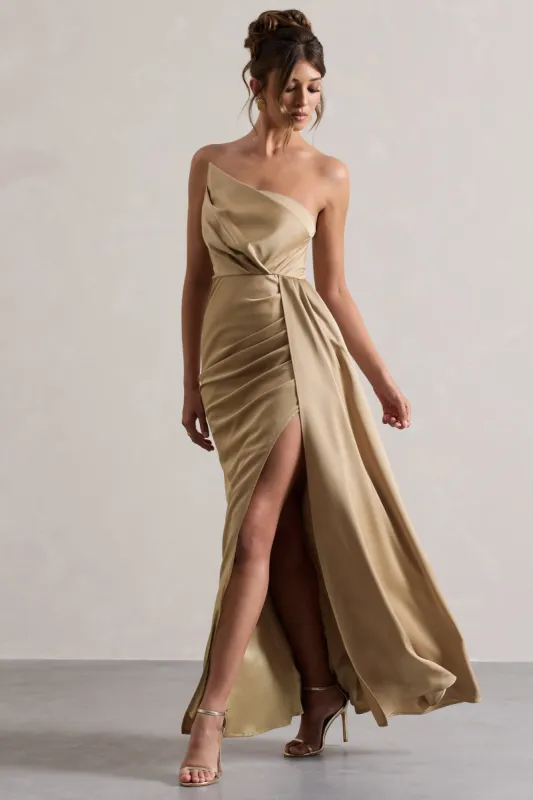 Hollywood | Champagne Satin Strapless Draped Maxi Dress sold by Club L London